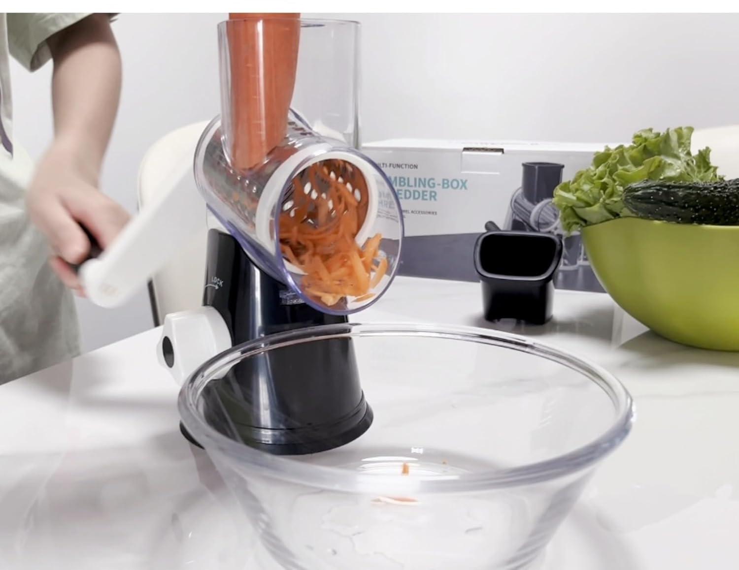 Rotary Cheese Grater Cheese Shredder - Kitchen Manual Cheese Grater with Handle Vegetable Slicer Nuts Grinder 3 Replaceable Drum Blades and Strong Suction Base Free Cleaning Brush