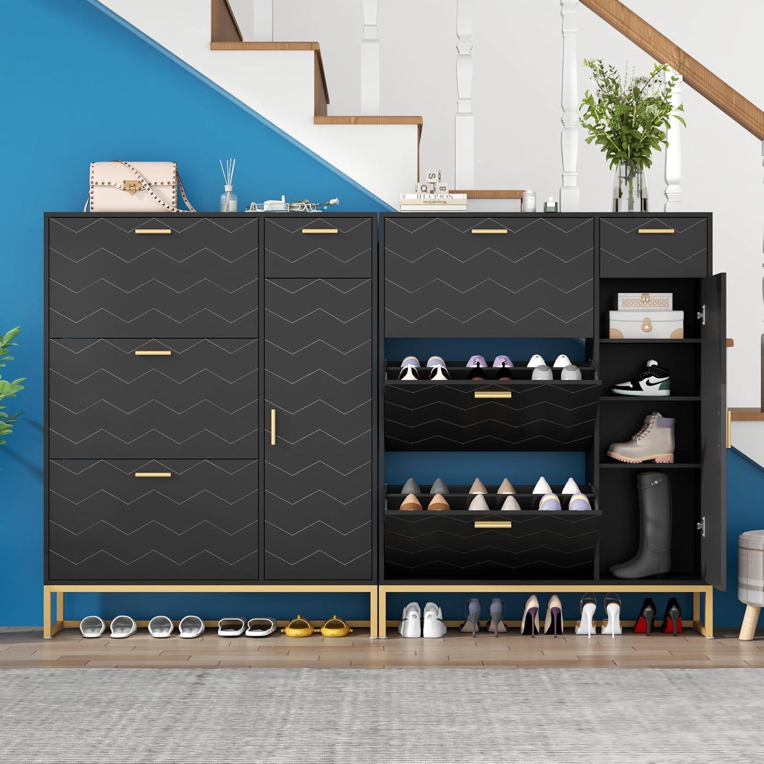 Everly Quinn Shoe Storage Cabinet, Free Standing Shoe Organizer with 3 Flip Drawers and Side Cabinet