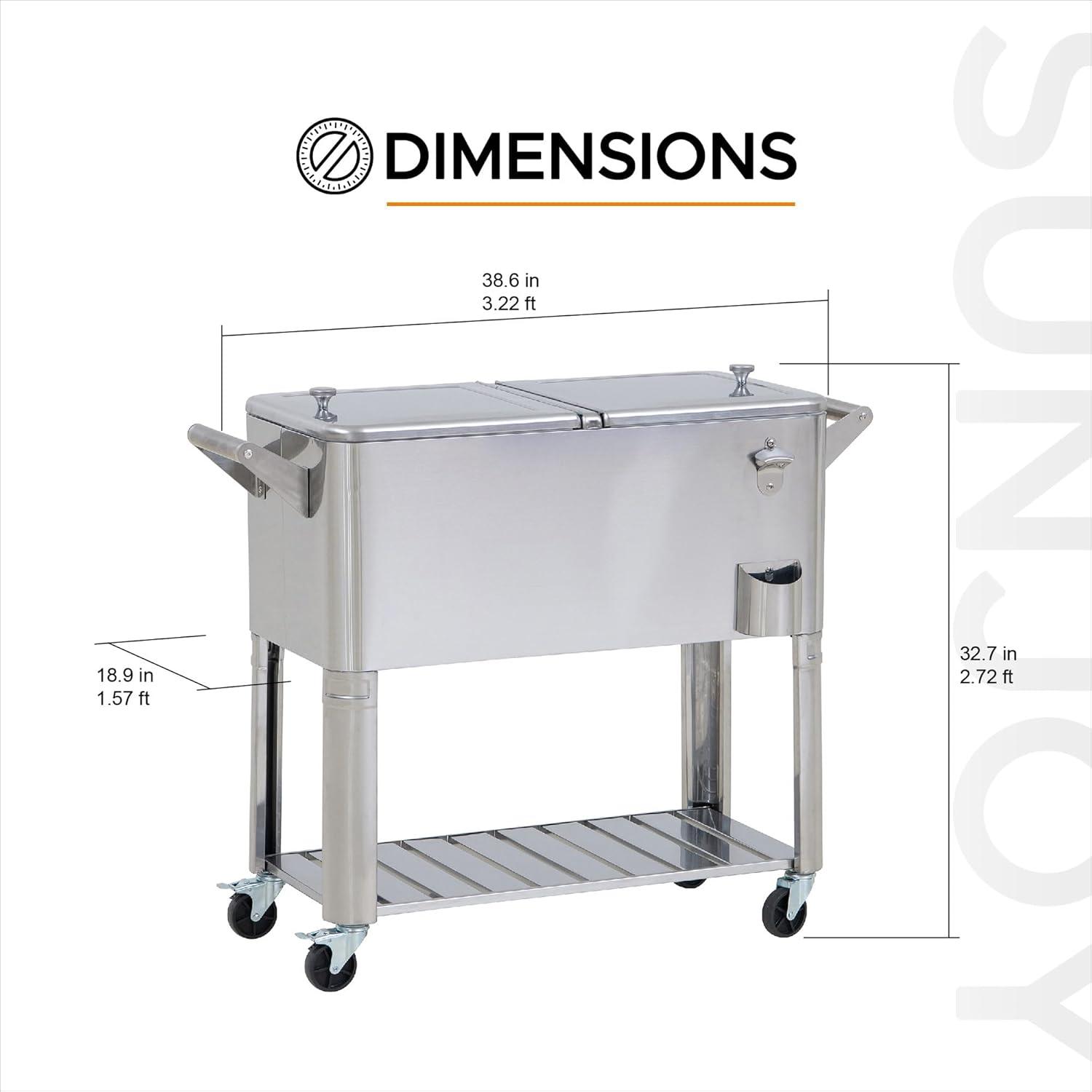 Sunjoy Sunjoy 80 Quart Patio Cooler Cart Stainless Steel Rolling Ice Chest With Steel Bottle Opener, Shelf And Lockable Wheels