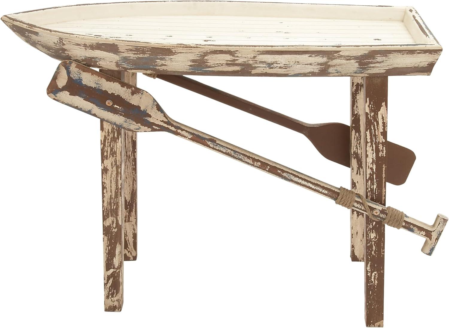 DecMode 49" x 33" White Wood Distressed Tray Top Boat Accent Table with Oar Detailed Legs, 1-Piece