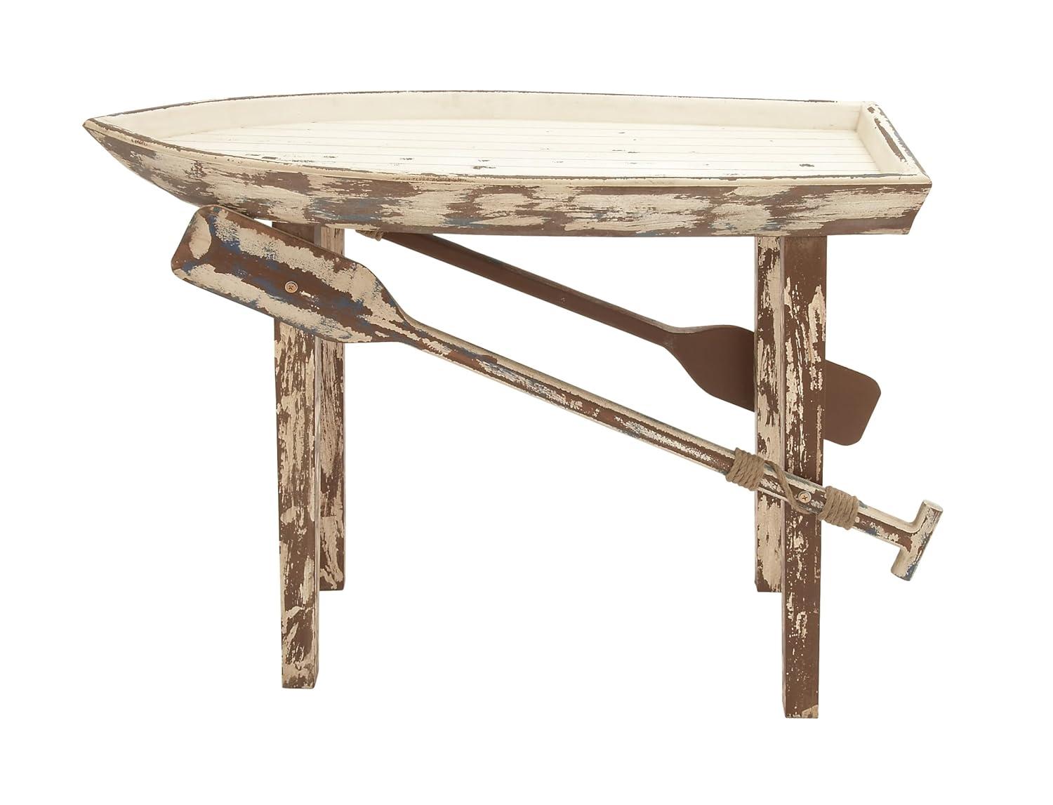 DecMode 49" x 33" White Wood Distressed Tray Top Boat Accent Table with Oar Detailed Legs, 1-Piece