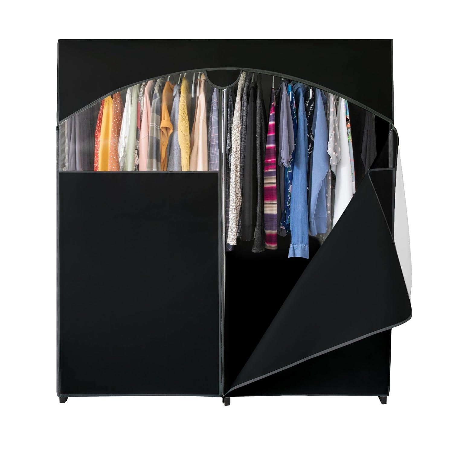 HOLDN’ STORAGE Portable Wardrobe Closet - 65 lb Large Capacity, Internal Heavy Duty Metal Rod, Zipper & Clear Window, Durable Clothes Organizer, Tool-Free Easy Assembly, Black Canvas Cover