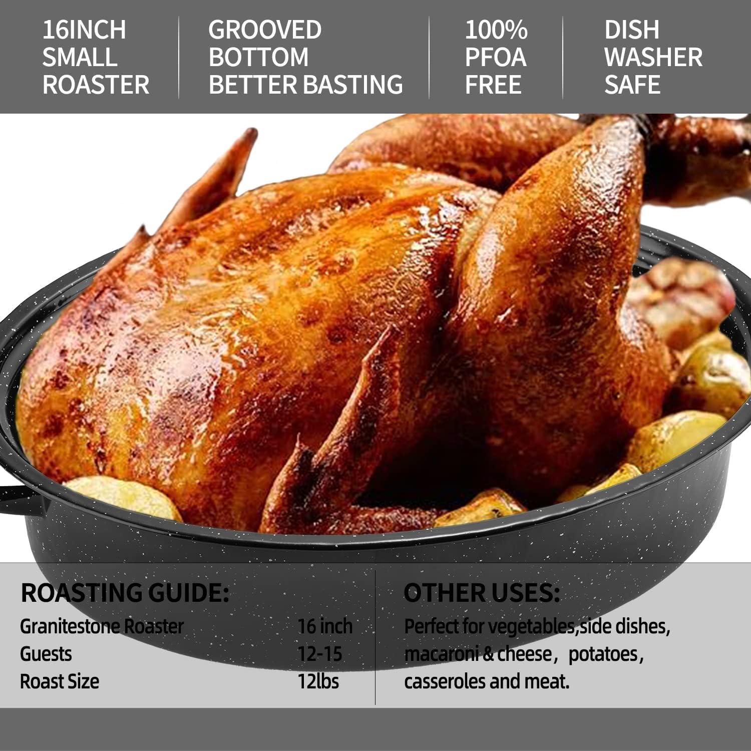 Granite Roasting Pan, Medium 16” Enameled Roasting Pan with Domed Lid. Oval Turkey Roaster Pot, Broiler Pan Great for Small Turkey, Chicken, Ham, Dishwasher Safe Fit for Roast 12Lb Bird by