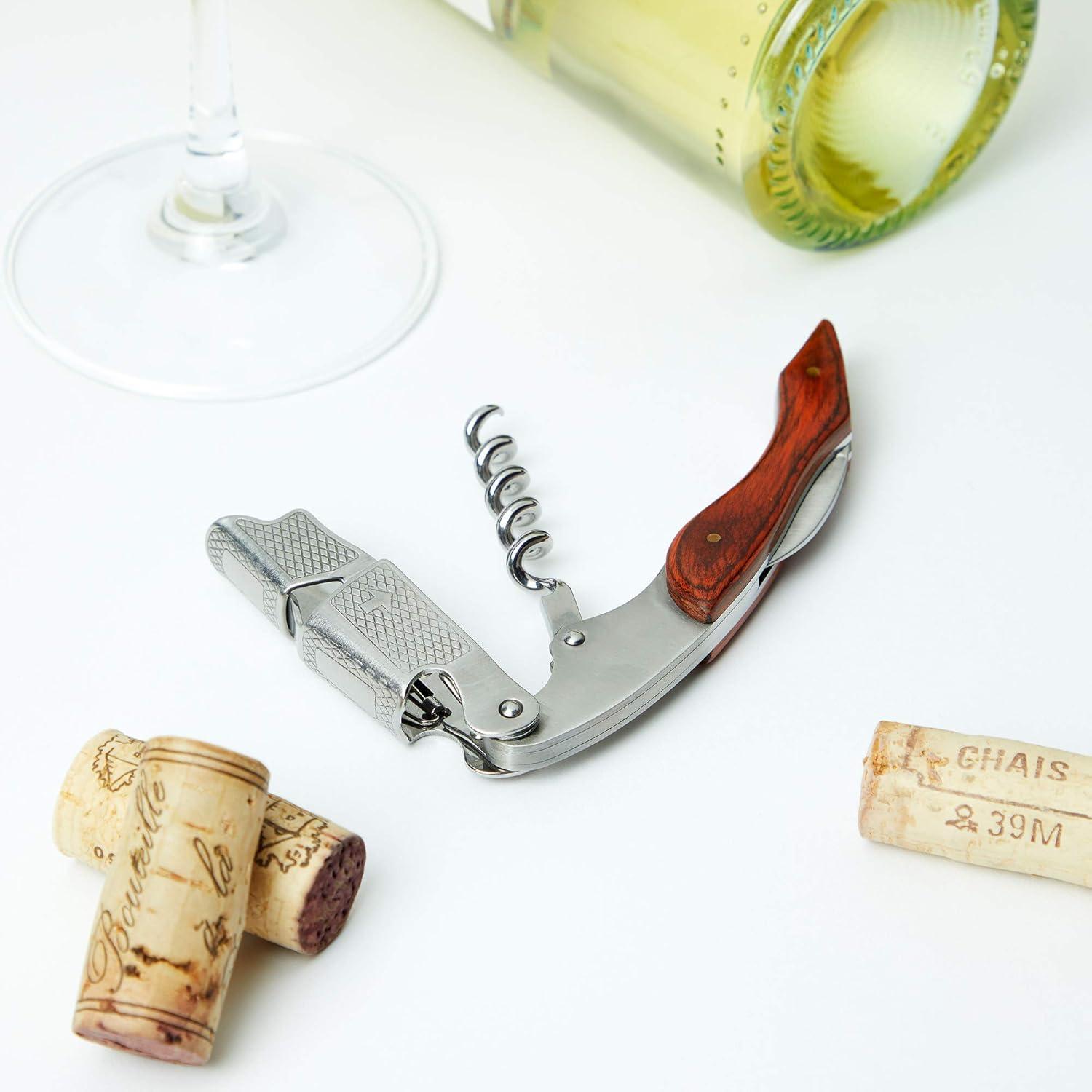 True Sommelier Waiter Corkscrew Spring Loaded Double Lever Wine Opener Waiters Bartender Accessory, Stainless Steel and Wood, Set of 1