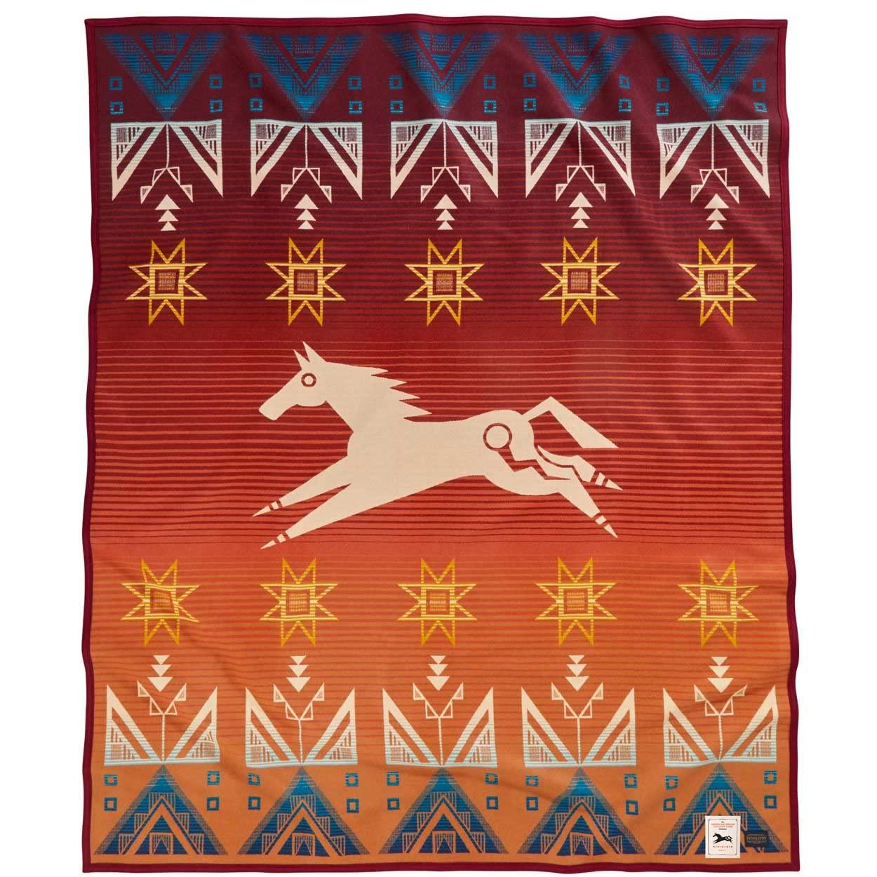 Twin Size Red and Blue Wool Blanket with Geometric Patterns