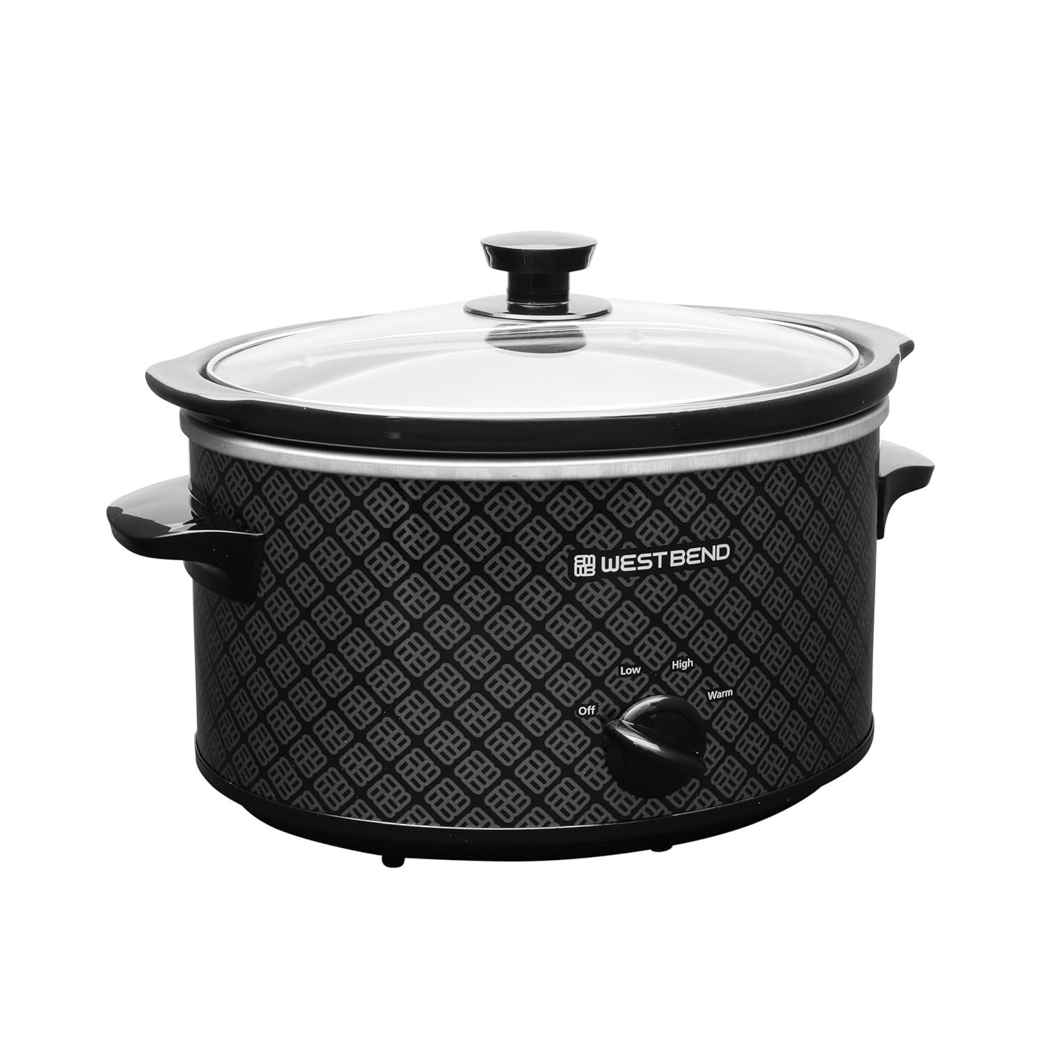 West Bend Slow Cooker 4-Quart Manual Crockery Style with Oval Ceramic Crockpot and Glass Lid, 210-Watts, Black