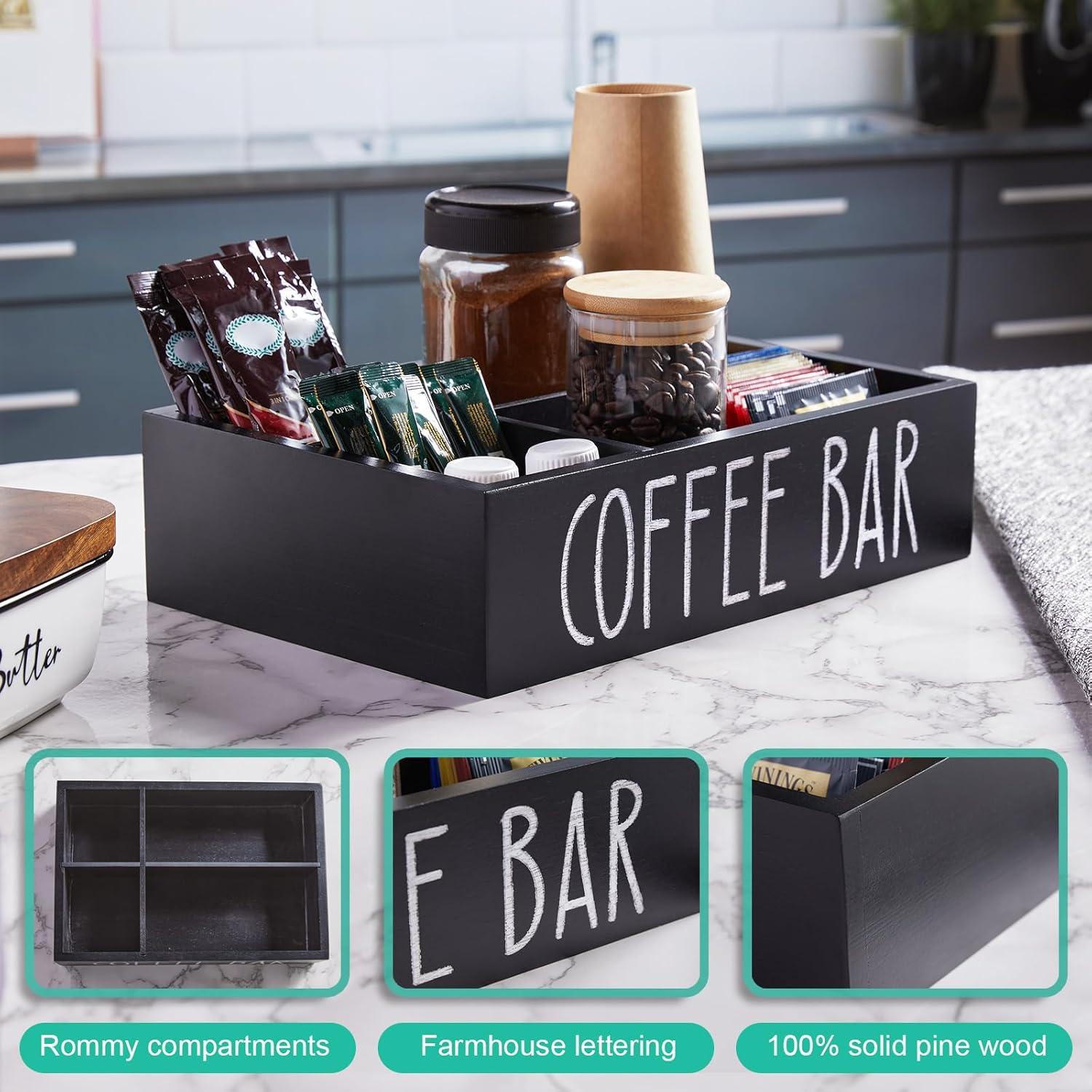 Coffee Station Organizer With Removable Dividers - Wood Bar Accessories Organizer For Countertop - Pod Holder Basket For Sugar Tea - Black Table Decor