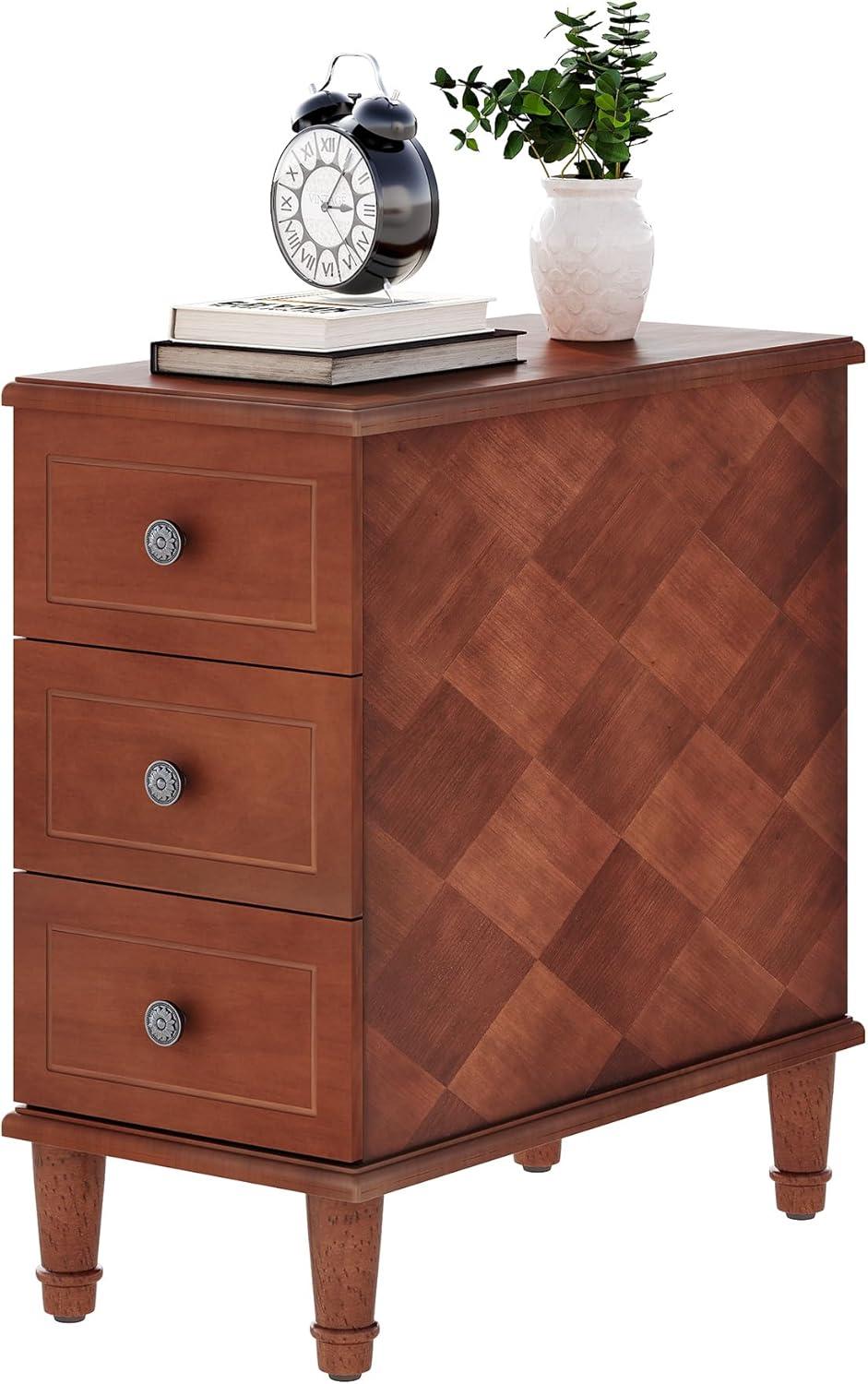 Hokku Designs Solid Wood End Table, Fully Assembled Narrow Side Table With Drawers, Pre-Assembled Nightstand Slim Bedside Table For Small Spaces, Living Room, Bedroom, Brown