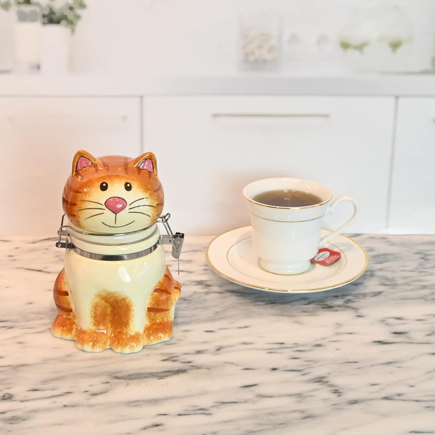 Hand-Painted Ceramic Cat Storage Jar with Hinged Lid