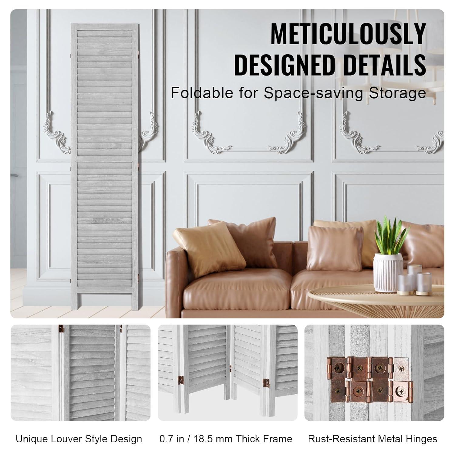 Wood Room Divider, 8 Panel Wood Folding Privacy Screen, 66.9 in. Tall Indoor Louvered Wooden Partition, Portable