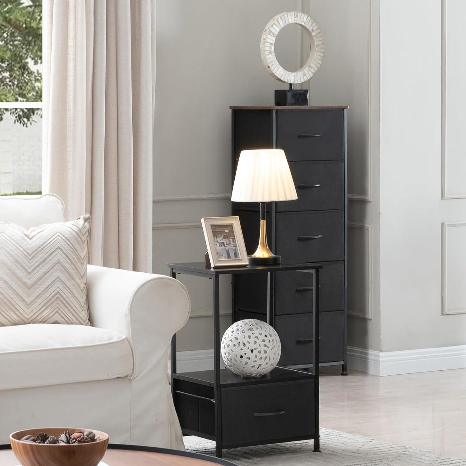 Somdot Tall Nightstand with 5 Removable Fabric Storage Drawers for Bedroom, Black Rustic Brown