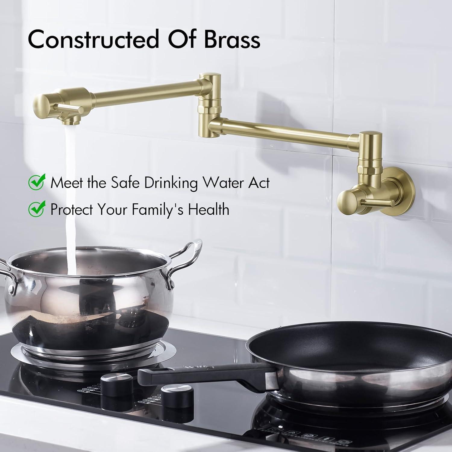 Pot Filler Faucet, Solid Brass Brushed Gold Single Cold Kitchen Faucet Wall Mounted Kitchen Pot Filler Faucet Double Joint Swing Arm Faucet