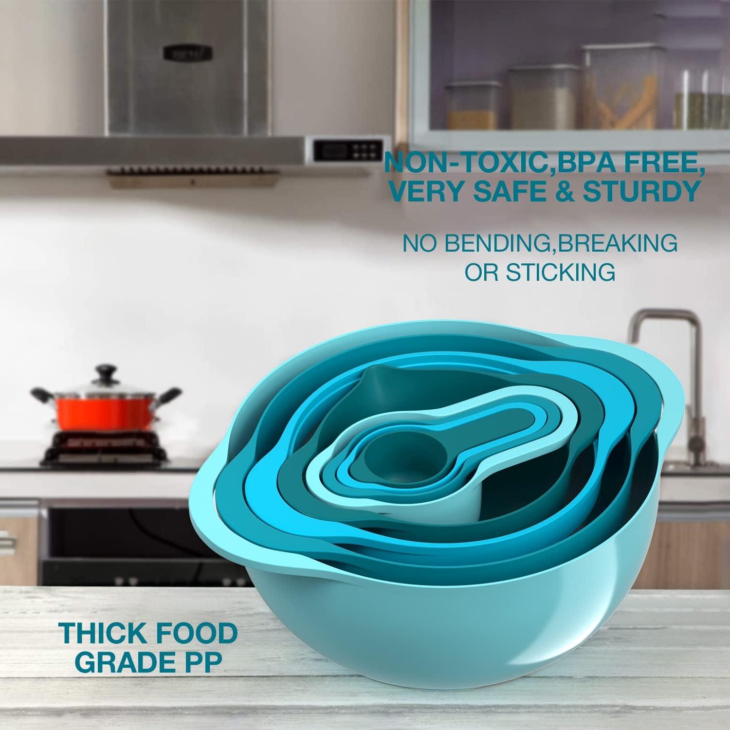 Teal Plastic Nesting Mixing Bowl Set with Measuring Cups