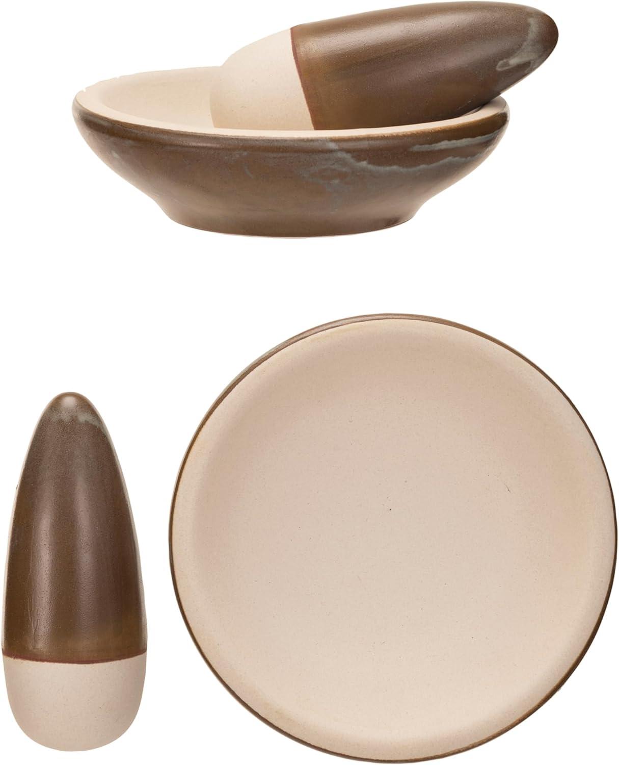 Small Brown and Cream Ceramic Mortar and Pestle