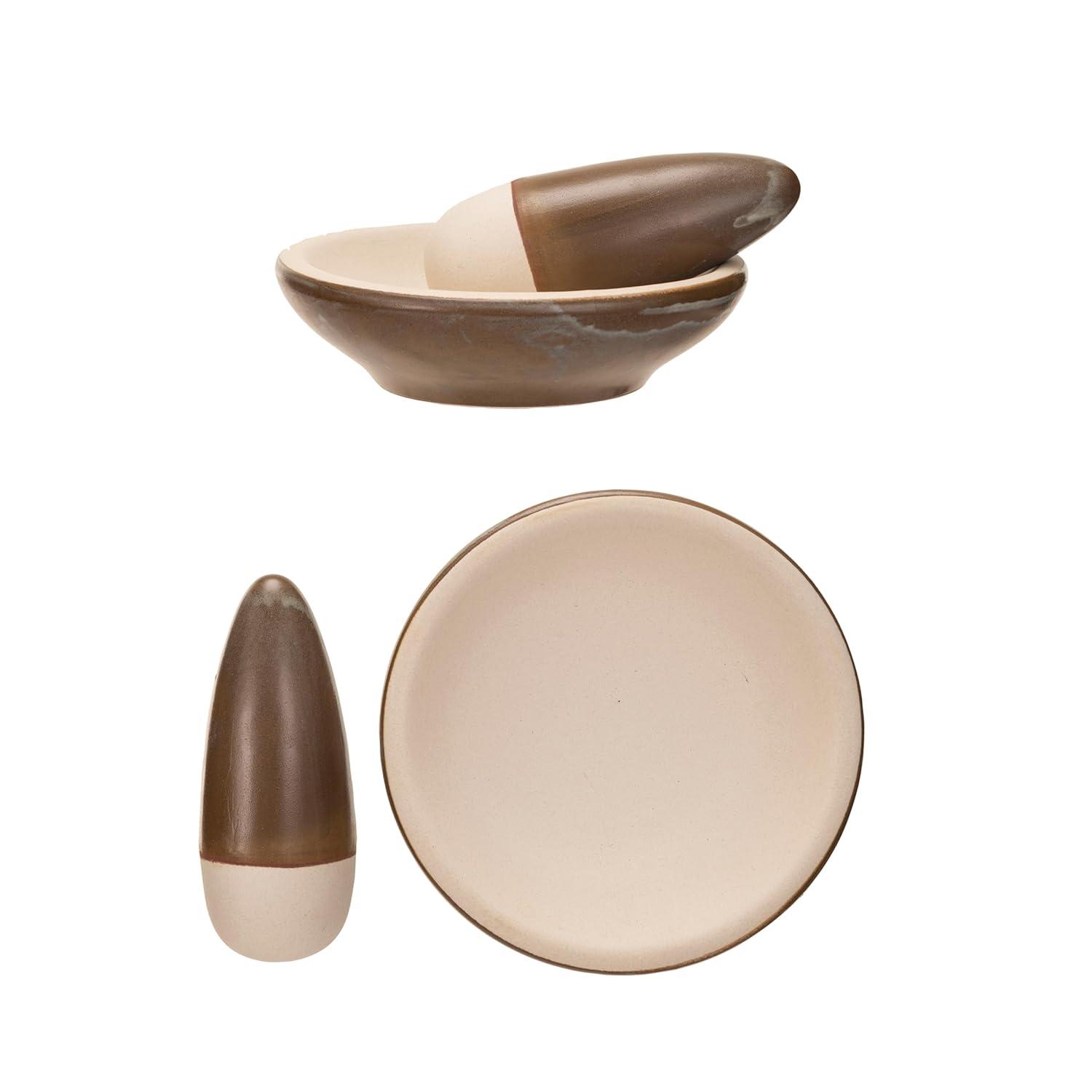 Small Brown and Cream Ceramic Mortar and Pestle