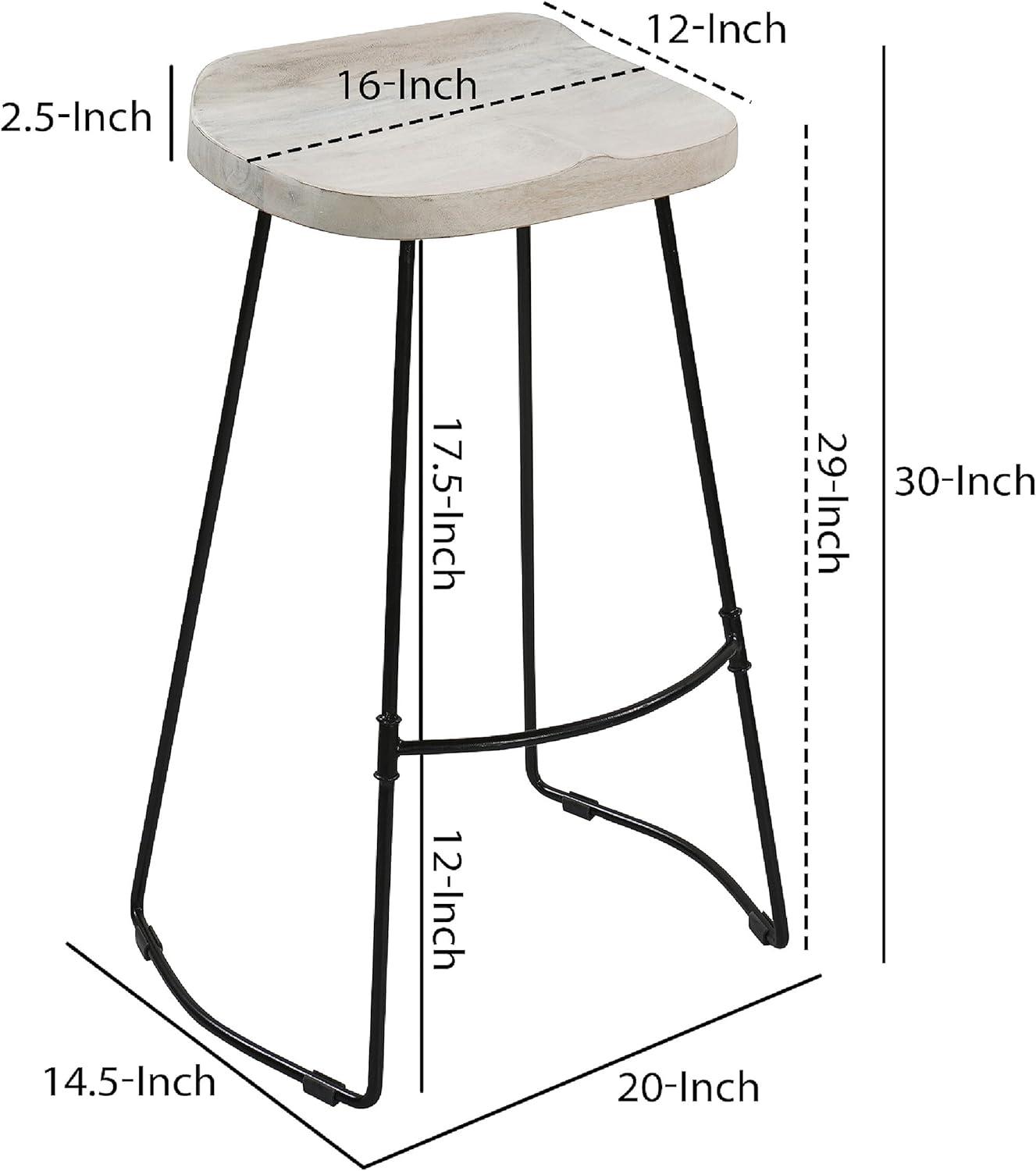 30-Inch Whitewashed Mango Wood Saddle Seat Backless Barstool with Black Metal Base