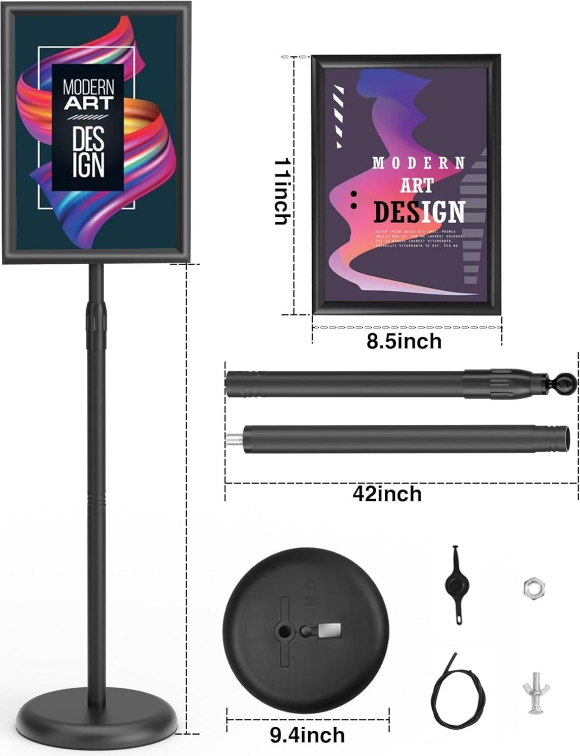 Adjustable Sign Holder Stand 8.5x11 inch,Pedestal Floor Signage Standing Holder with Heavy Duty Base, Aluminum Snap Open Frame Display for Business Restaurant, Mall,Schools-1 Pack