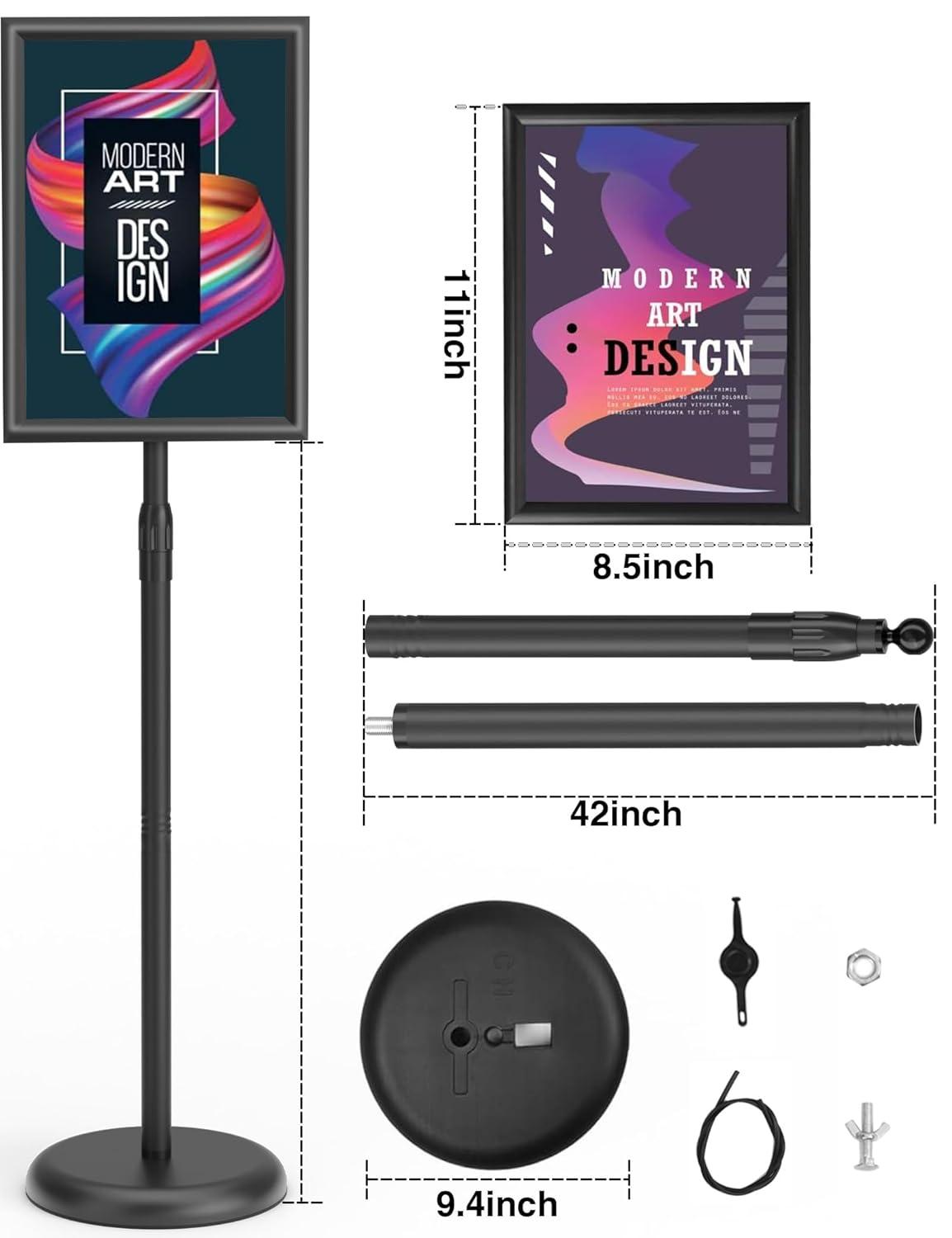 Adjustable Sign Holder Stand 8.5x11 inch,Pedestal Floor Signage Standing Holder with Heavy Duty Base, Aluminum Snap Open Frame Display for Business Restaurant, Mall,Schools-1 Pack