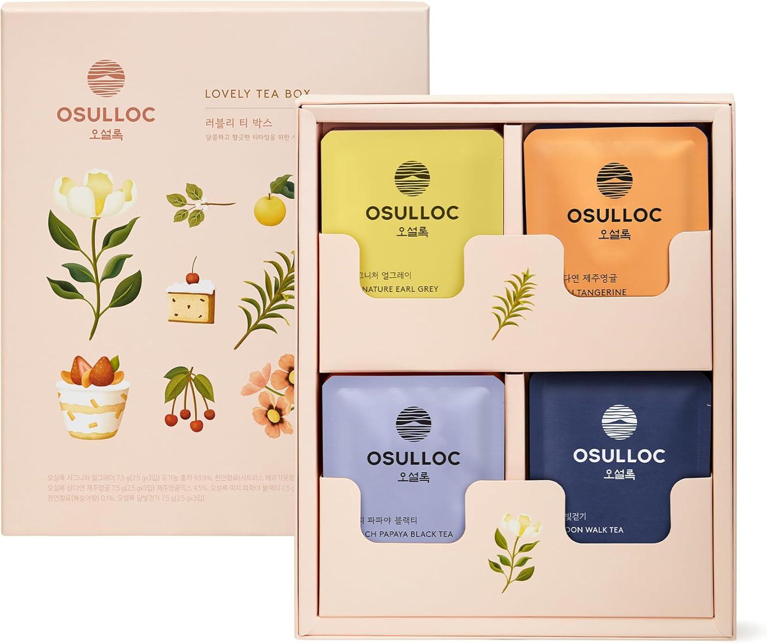 OSULLOC Lovely Tea Gift Box Set (12 count, 4 flavors x 3 EA) | Premium Blended Tea from Jeju | Korean Tea Sampler | Fruit Tea Variety Pack | Pyramid Tea Bag Series