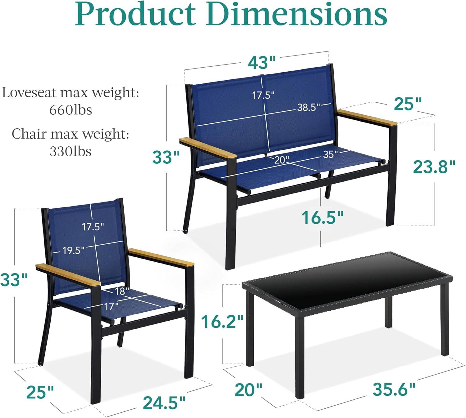 4-Piece Blue Steel Patio Conversation Set with Coffee Table