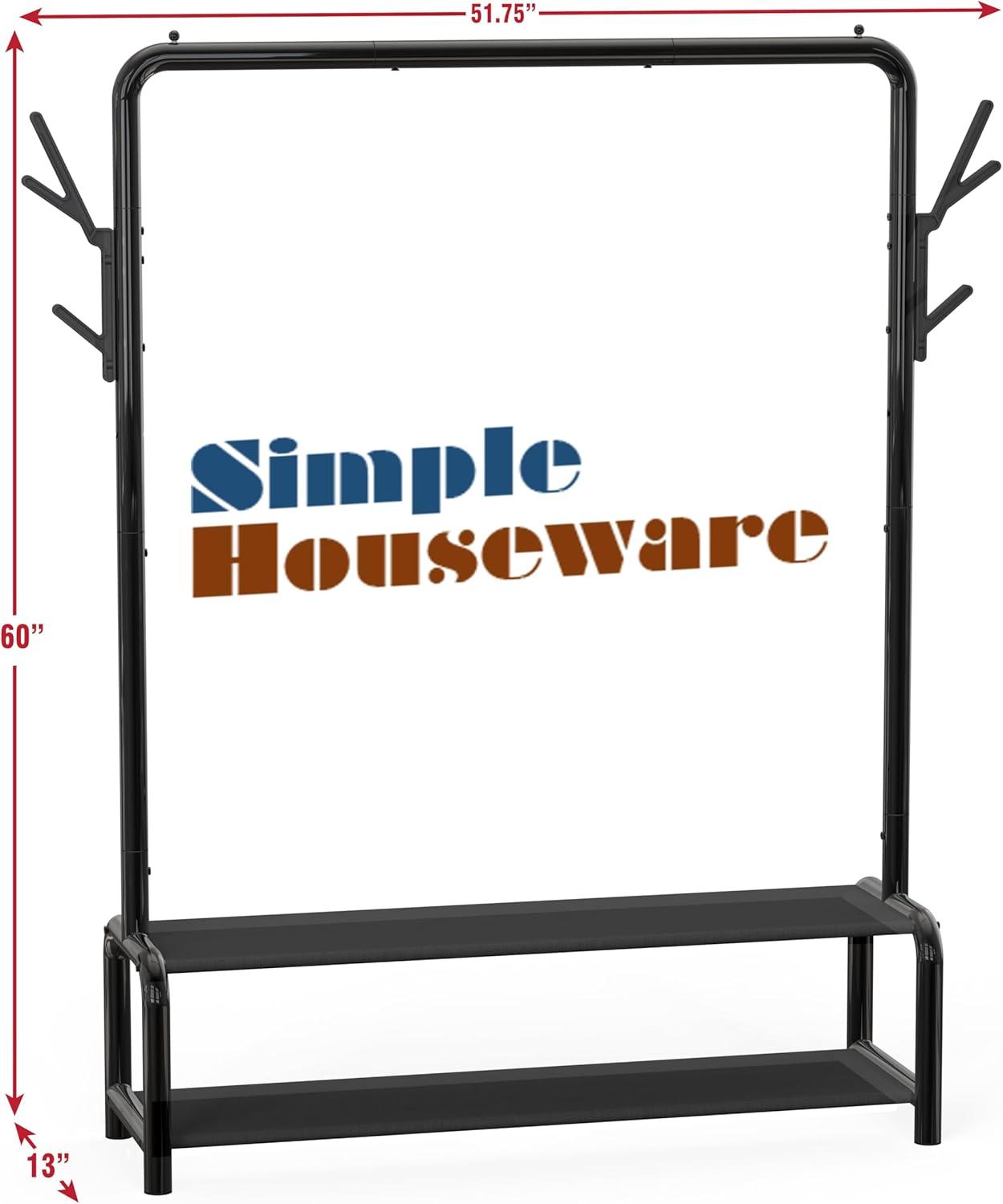 Simple Houseware 52-Inch Freestanding Closet Garment Rack with Storage Shelves and Coat/Hat Hooks, Black
