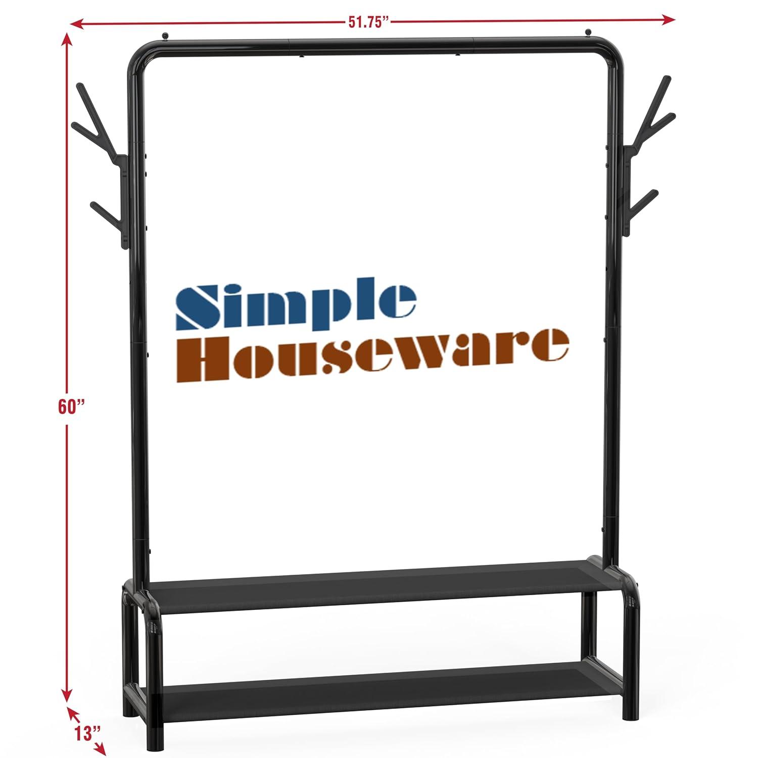 Simple Houseware 52-Inch Freestanding Closet Garment Rack with Storage Shelves and Coat/Hat Hooks, Black