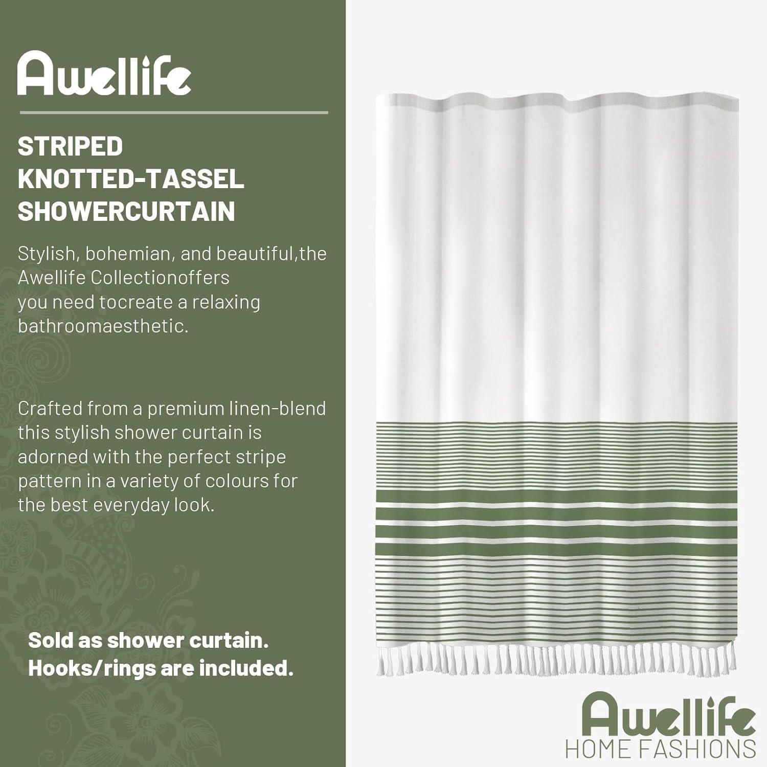 Sage Green and White Striped Boho Shower Curtain with Tassels