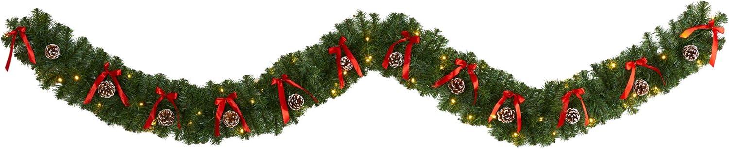 9ft Green Pine Cone and Bow Christmas Garland with LED Lights