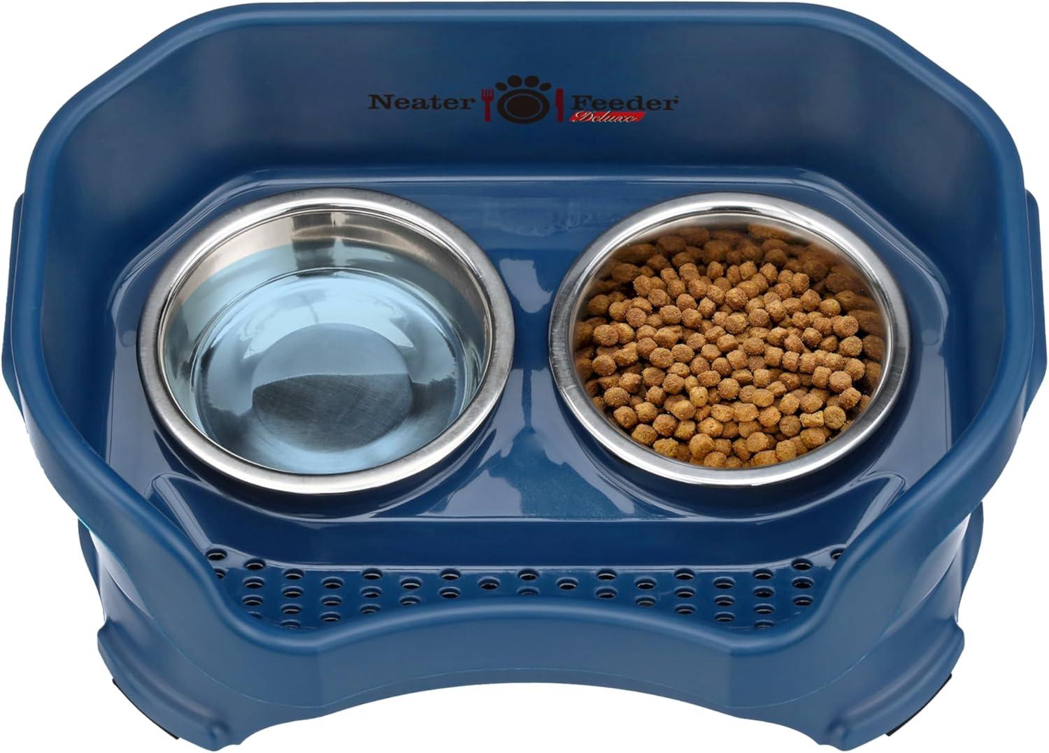 Neater Pets Neater Feeder Deluxe Mess-Proof Elevated Food & Water Bowls for Small Dogs, Dark Blue