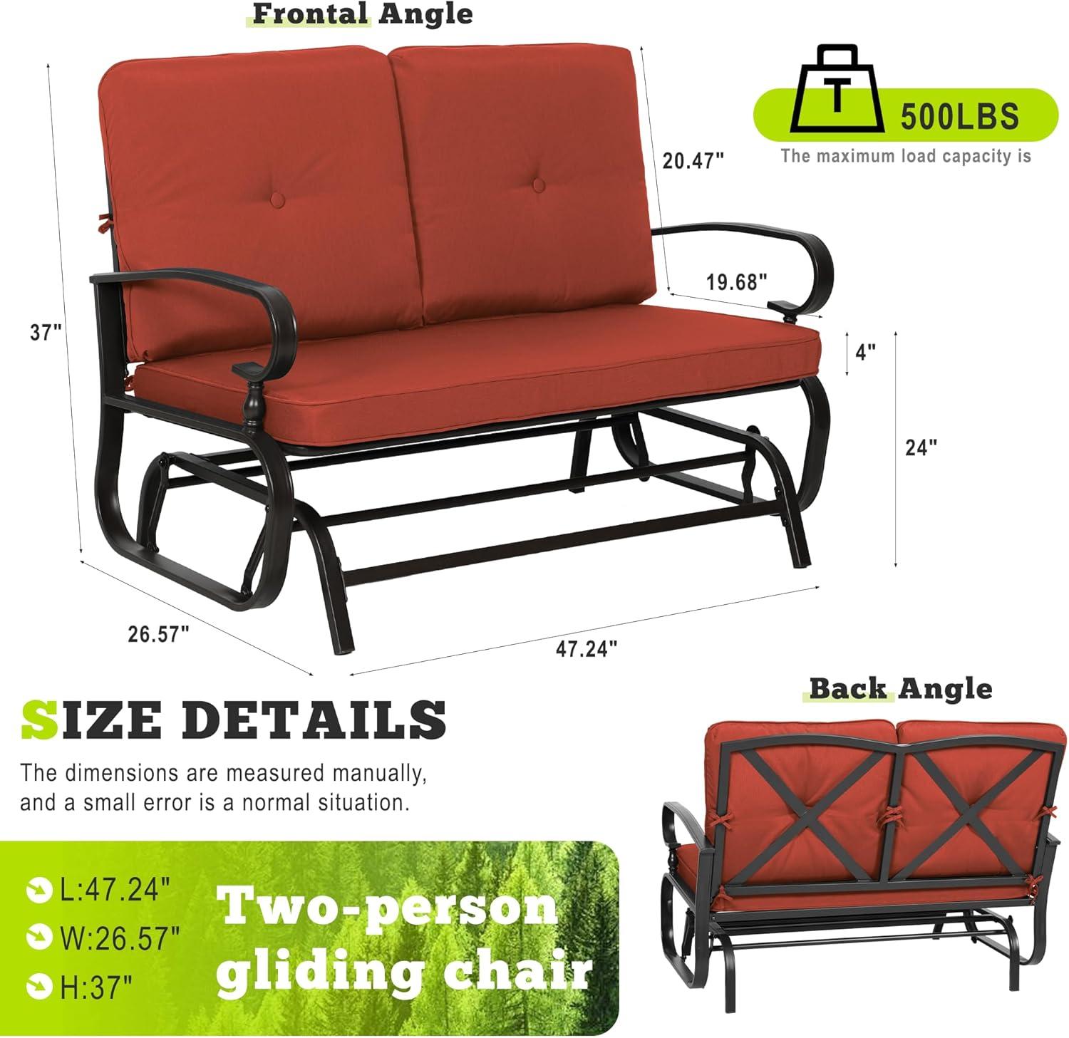 Outdoor Loveseat Patio Glider Rocking Bench 2 Seats Wrought Iron Chair Set with Red Cushion