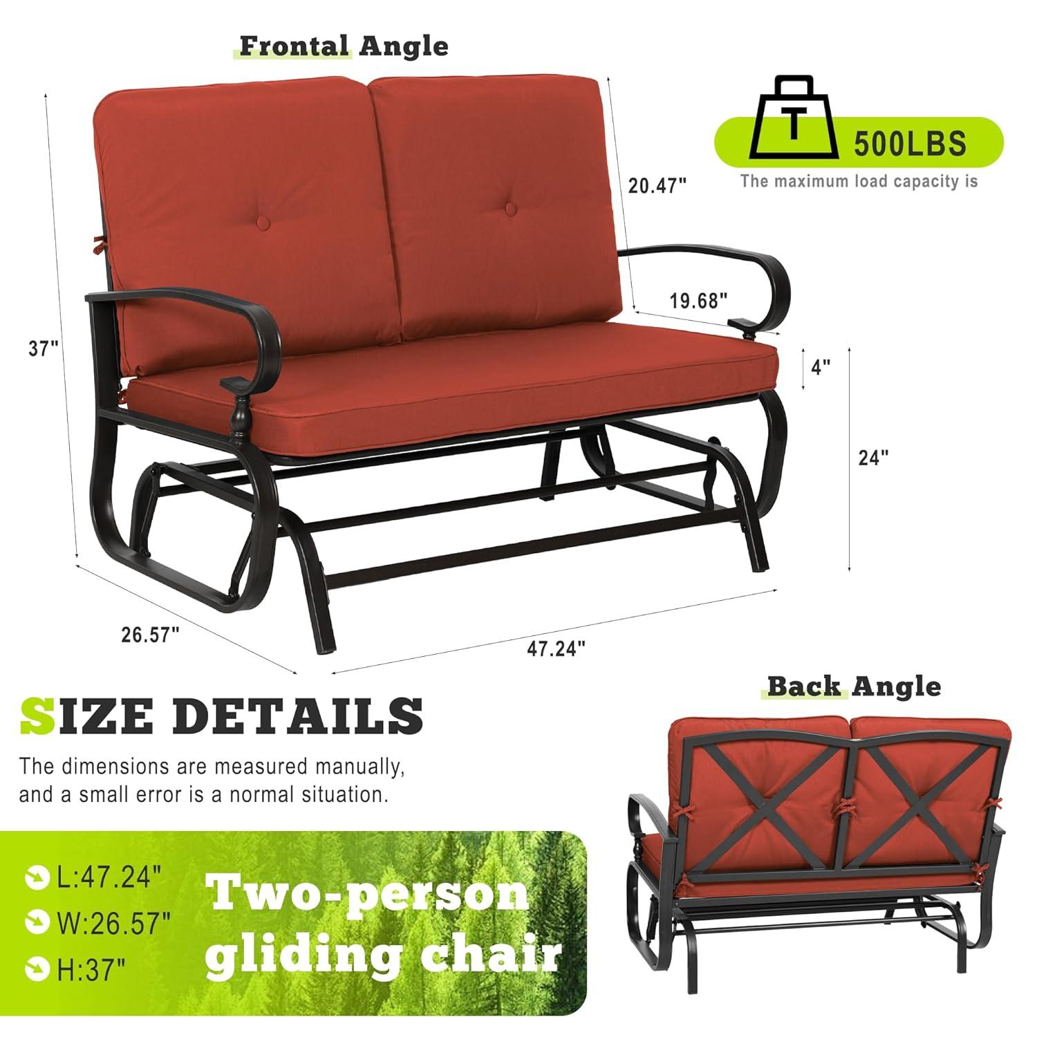 Outdoor Loveseat Patio Glider Rocking Bench 2 Seats Wrought Iron Chair Set with Red Cushion