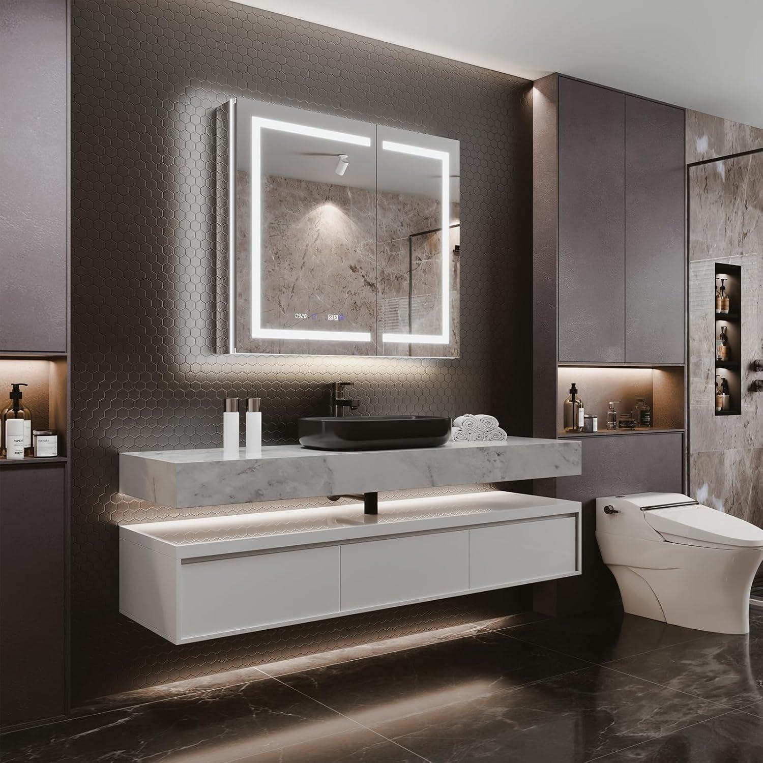 MEDUNJESS 72''x36'' Surface or Recessed Mount LED Medicine Cabinet with Mirror and Defogger 3 doors Medicine Cabinet