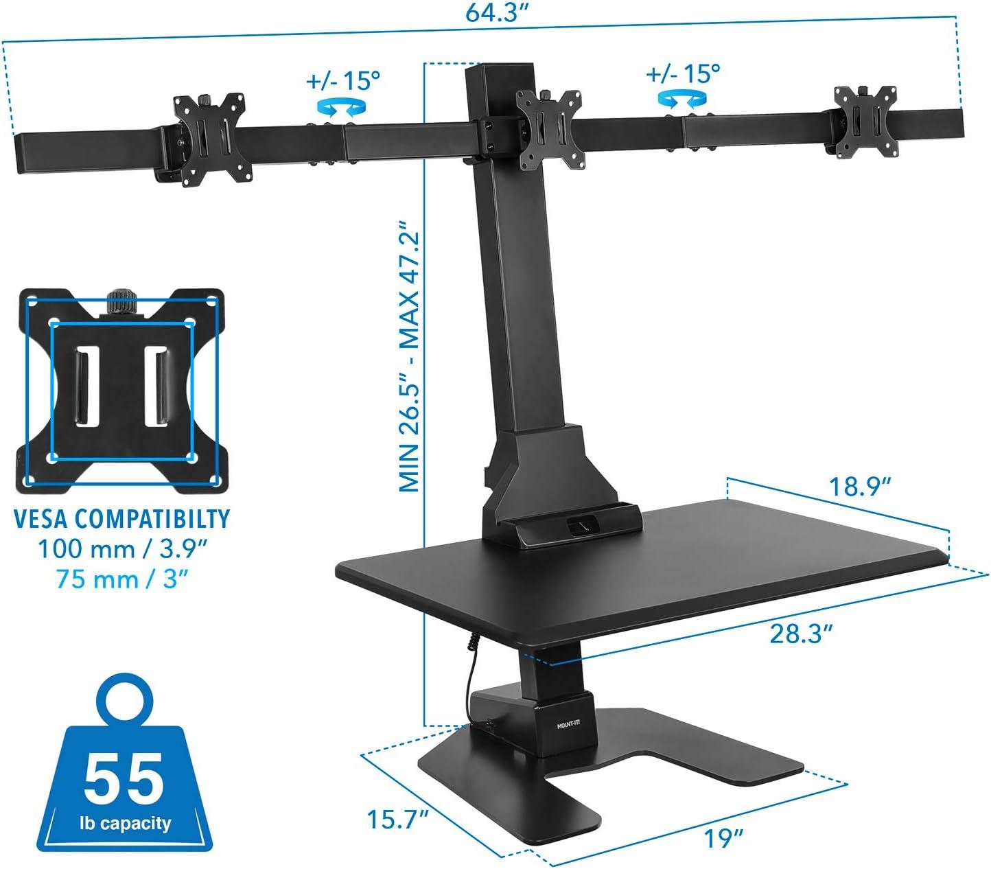 Mount-It! Height Adjustable Triple Monitor Electric Standing Desk Converter