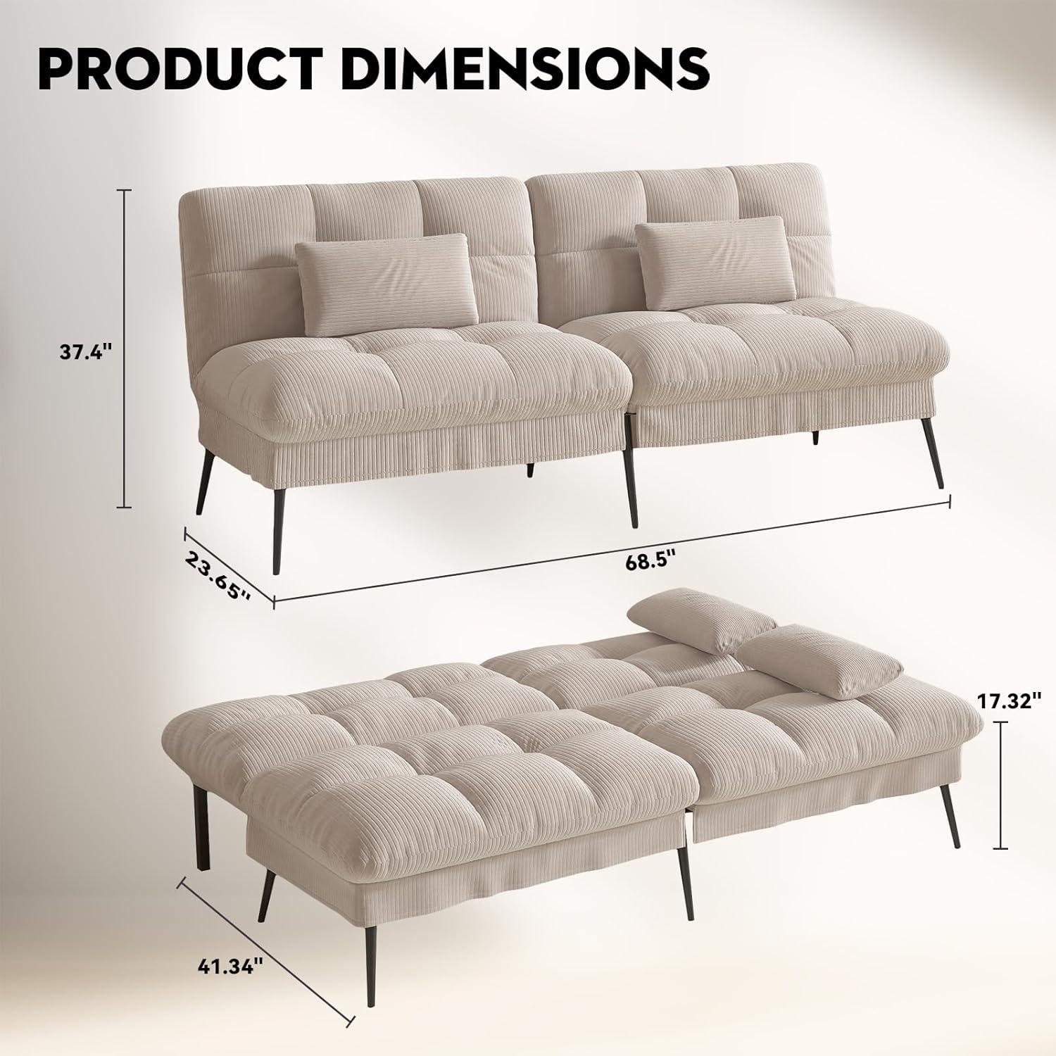 COMHOMA Convertible Futon Sofa Bed, Corduroy Velvet Futon Couch, Sleeper Sofa, Cream