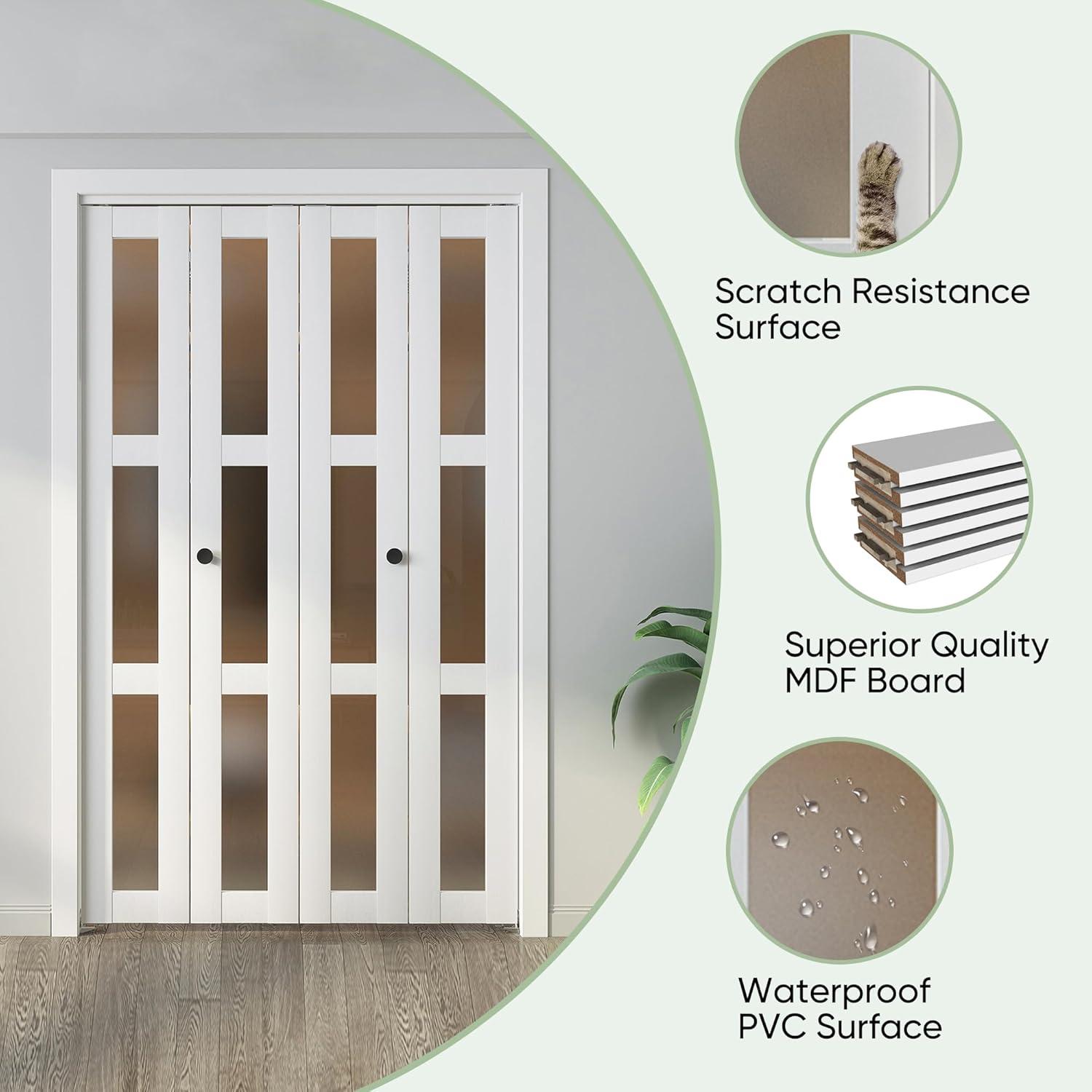 3 Frosted  Lite Glass Bi-Fold Door With Installation Hardware Kit  And Handle