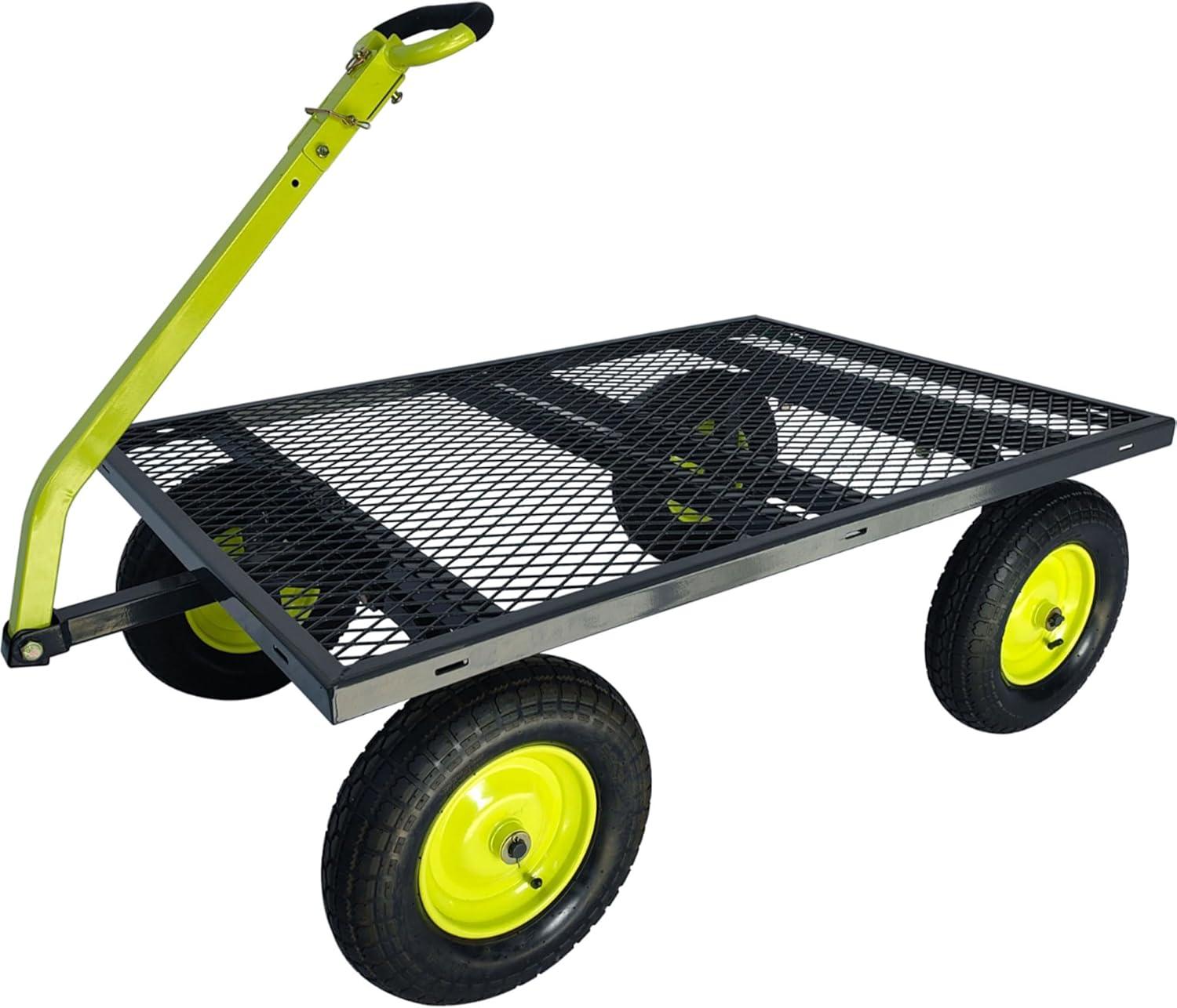 Yard Tuff Jumbo Wagon Heavy Duty Steel Mesh Deck Utility Outdoor Yard Cart, 1400 Capacity Haul with Large Stable Tires, 34 x 52 Inch, Gray/Green