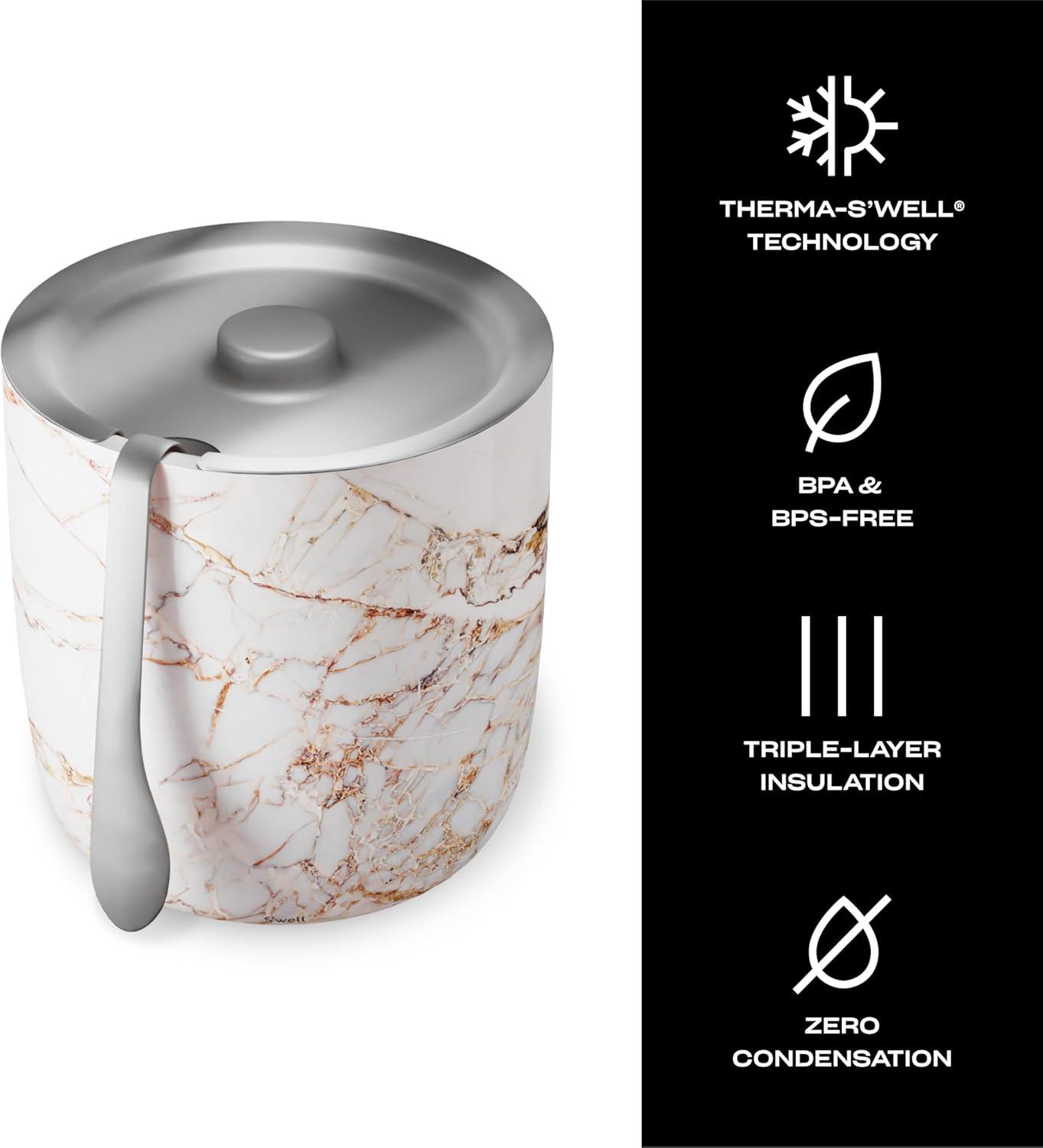 S'well S'well Stainless Steel Ice Bucket with Tongs, 67oz, Calcatta Gold