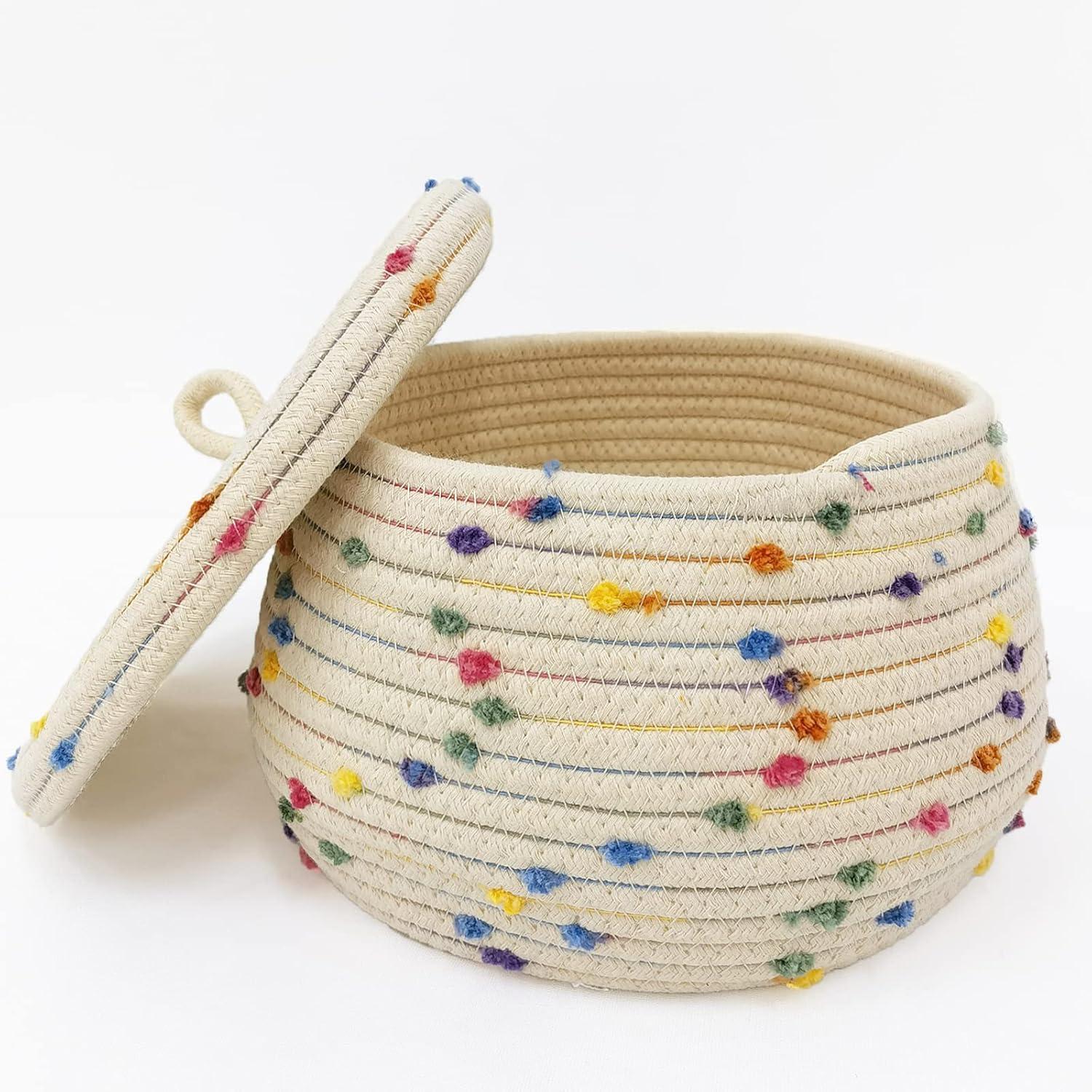 Small Beige Cotton Rope Basket with Lid and Rainbow Pompoms