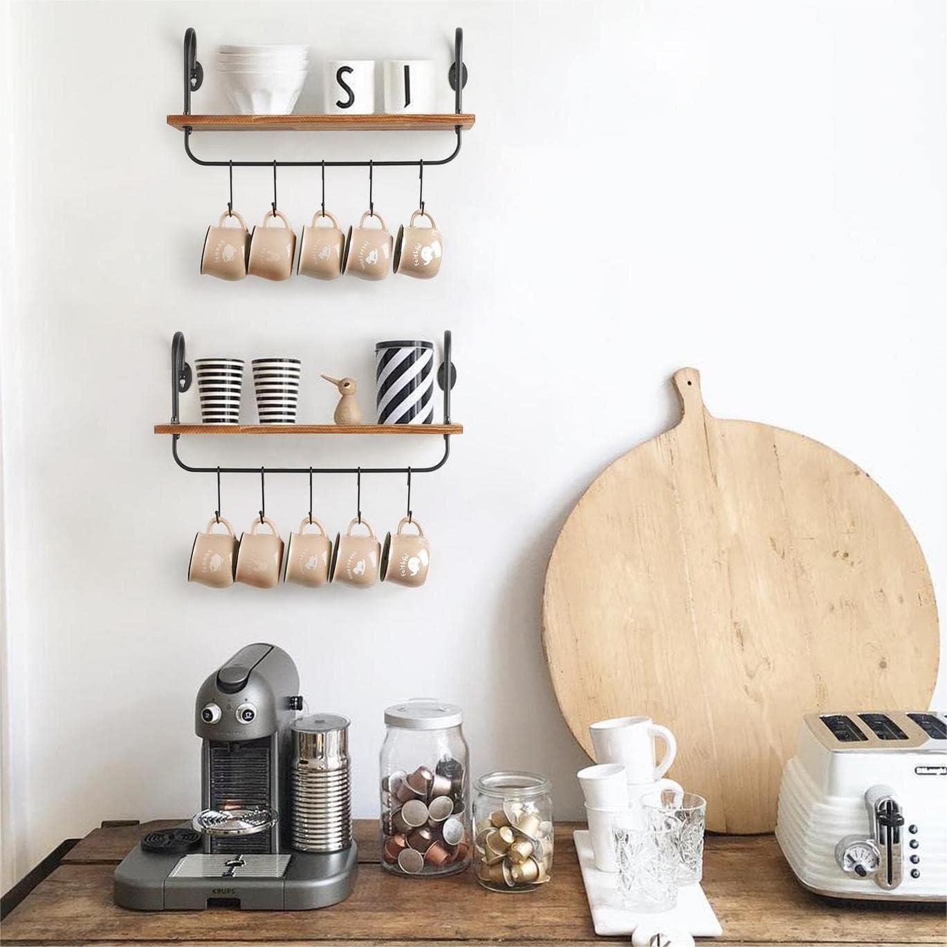 Carbonized Black Wood Floating Kitchen Shelves with Hooks