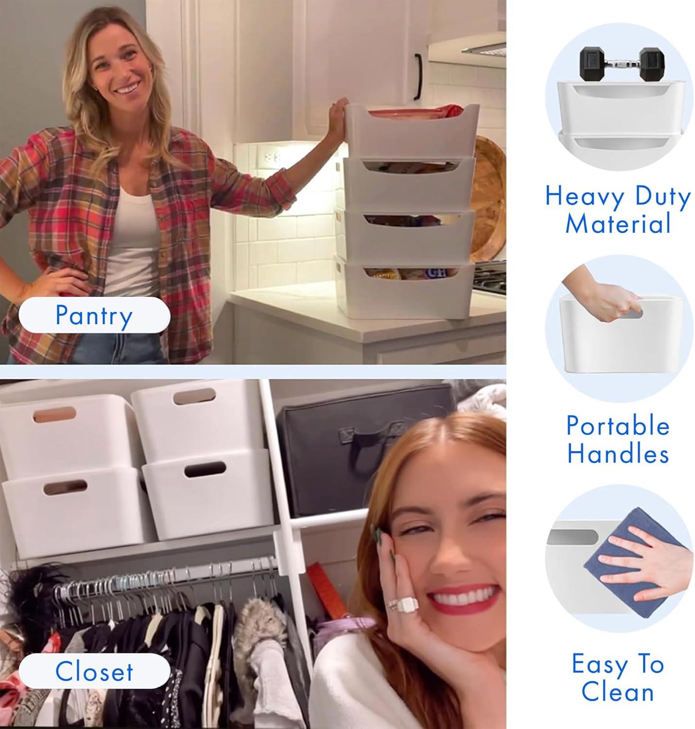 FINESSY White Plastic Storage Bins for Shelves, Small Closet Kitchen Storage Containers for Pantry Bathroom Office Organization Baskets, Cabinet Organizing Containers, White Organizer Bins for Shelves