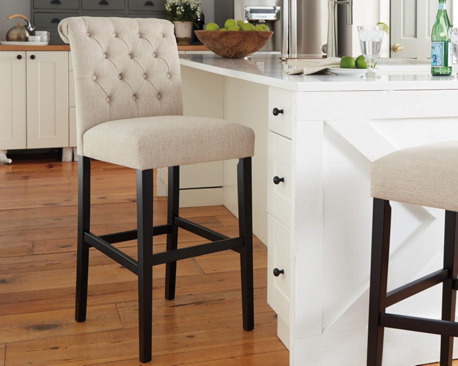 Beige Tufted Upholstered Pub Height Barstools with Wood Frame, Set of 2