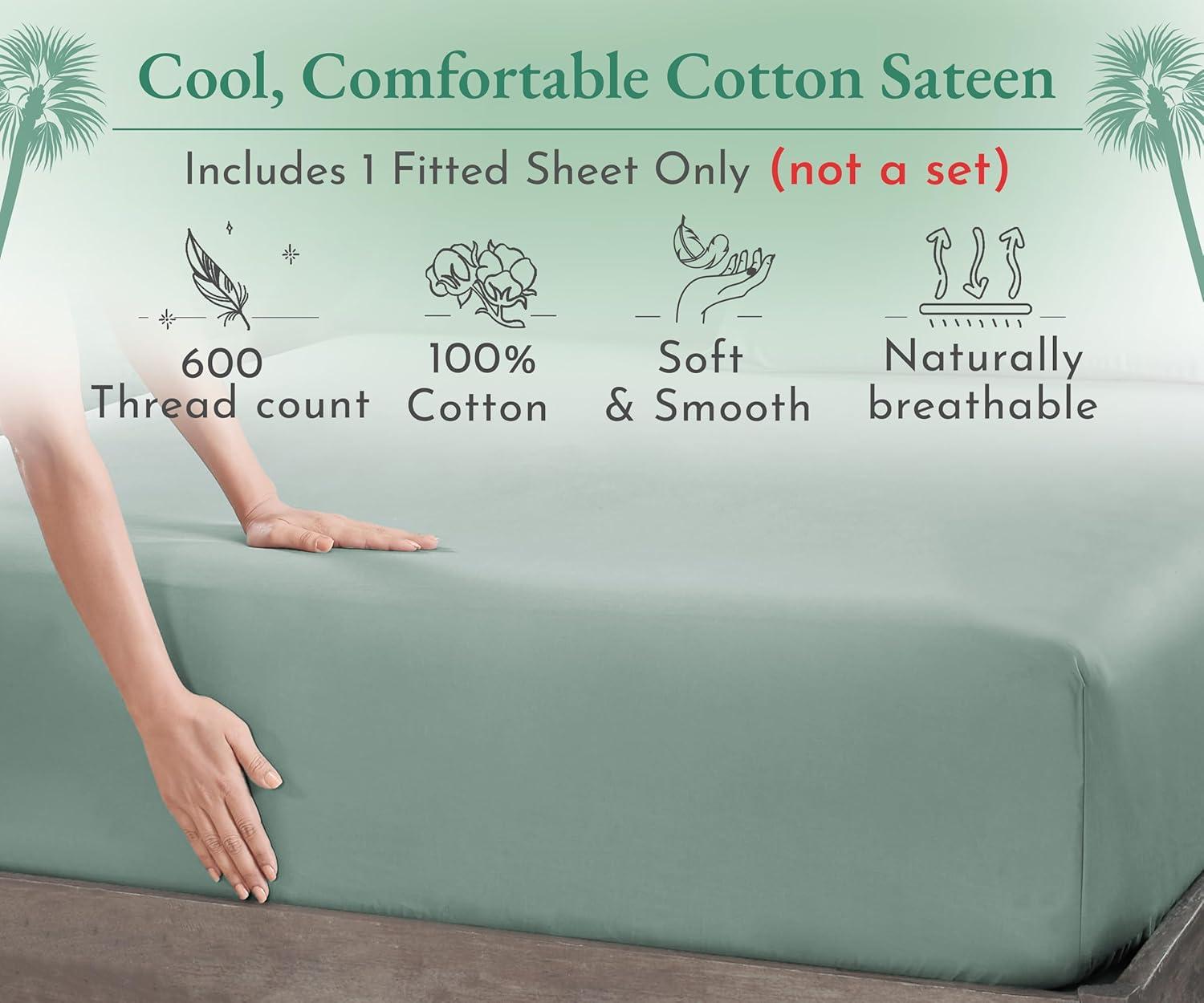 Luxury Fitted Sheet Only, 600 Thread Count - 100% Cotton Sateen, Deep Pocket, Soft, Cool & Durable by California Design Den