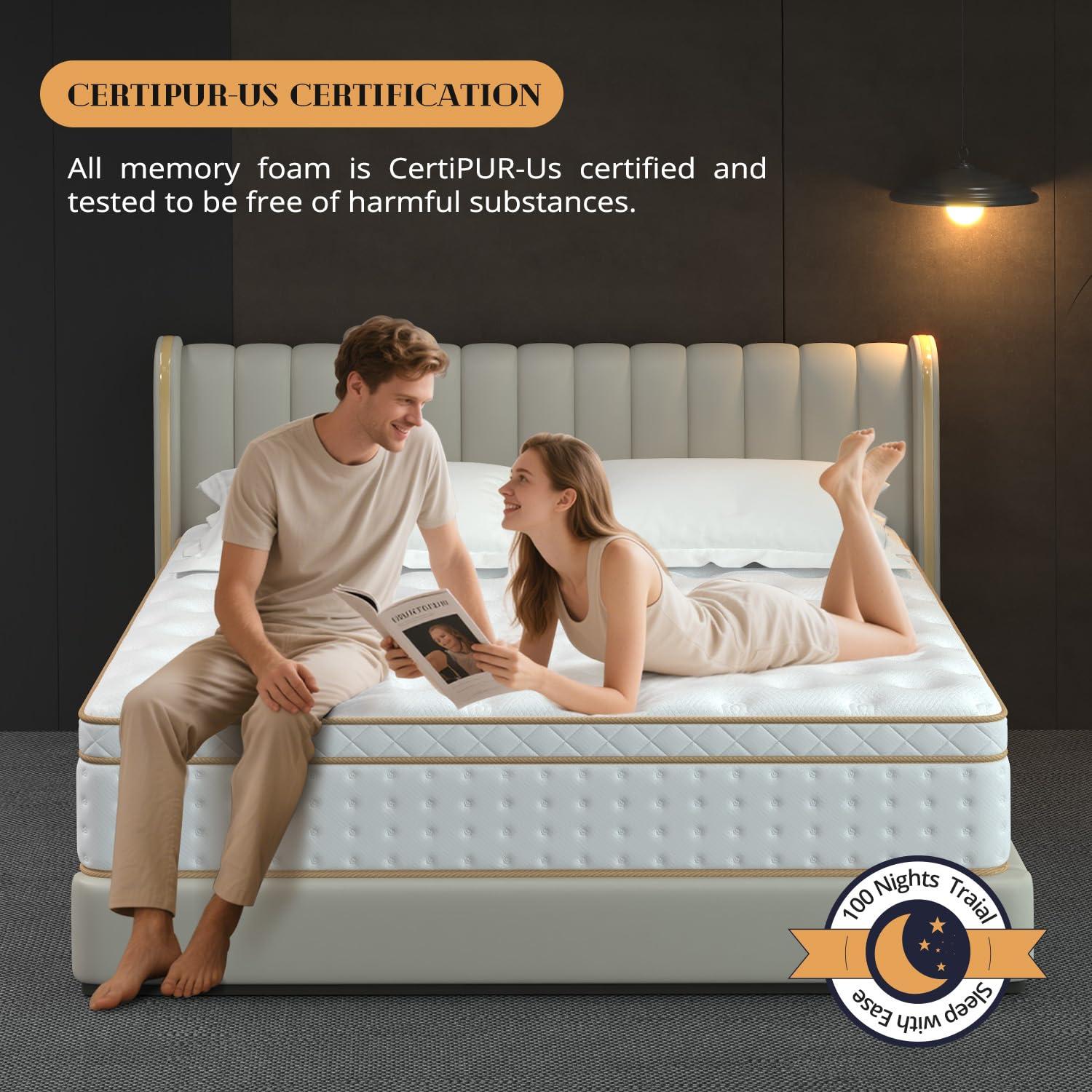 10 Inch Queen Mattress, Medium Firm Hybrid Mattress with Gel Memory Foam & Pocketed Coils, CertiPUR-US Certified, Pressure Relief, Motion Isolation, 100-Night Trial, 80“ x 60" x 10"