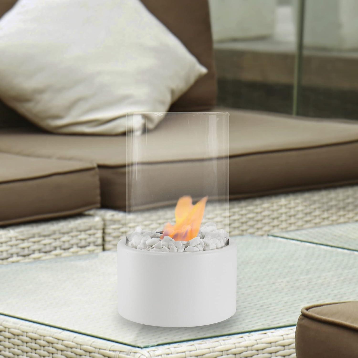 10.5" White Bio Ethanol Tabletop Fireplace with Glass Panels