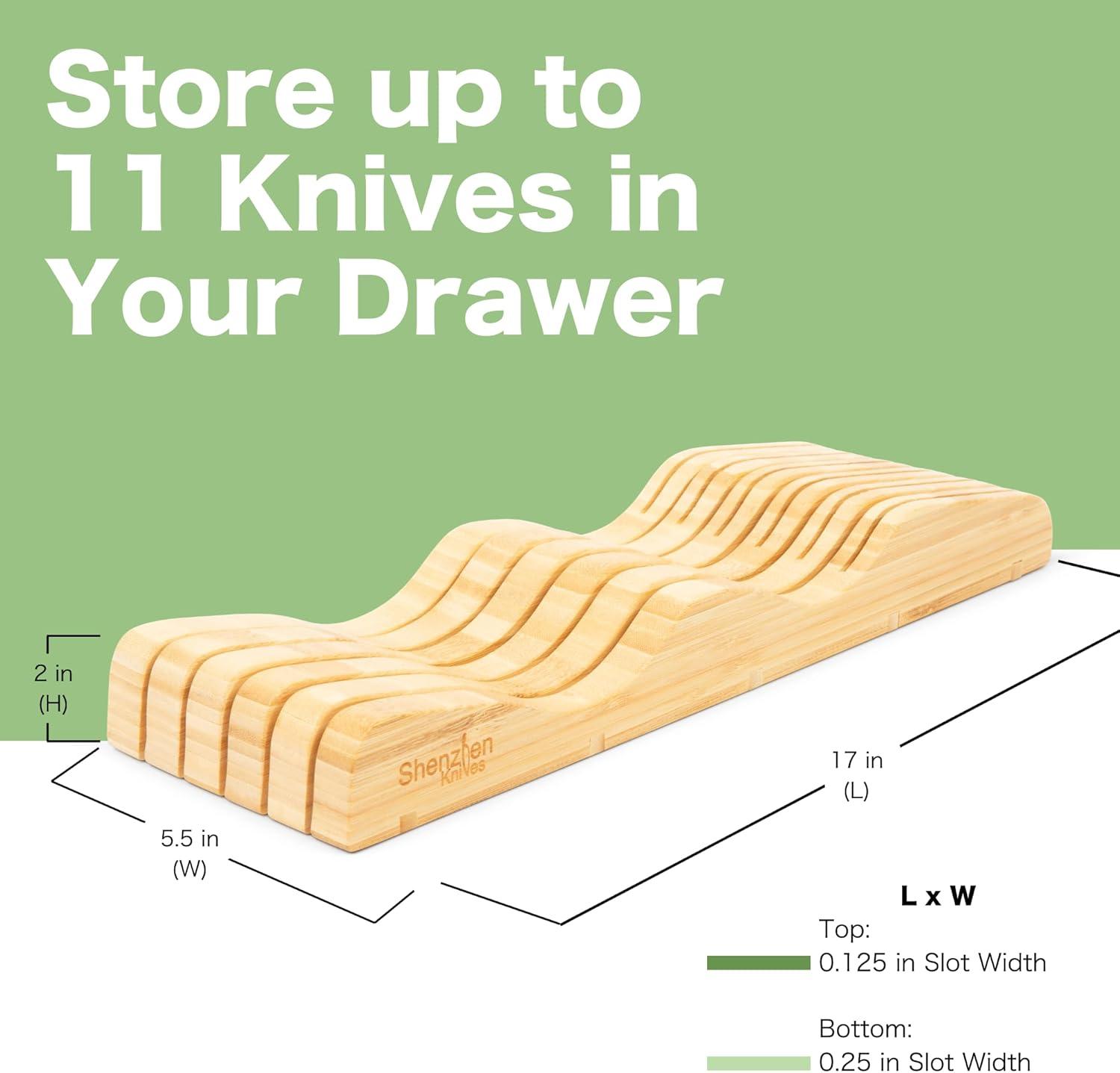 Knives Large In-Drawer Knife Block: 11 Slot (Holds 10-15 Knives) Empty Wooden Knife Holder for Kitchen Drawers