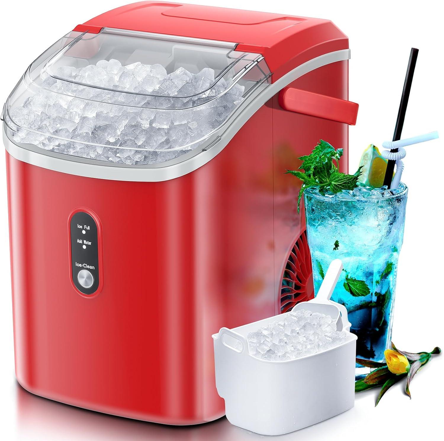 Red Portable Nugget Ice Maker with Self-Cleaning Function