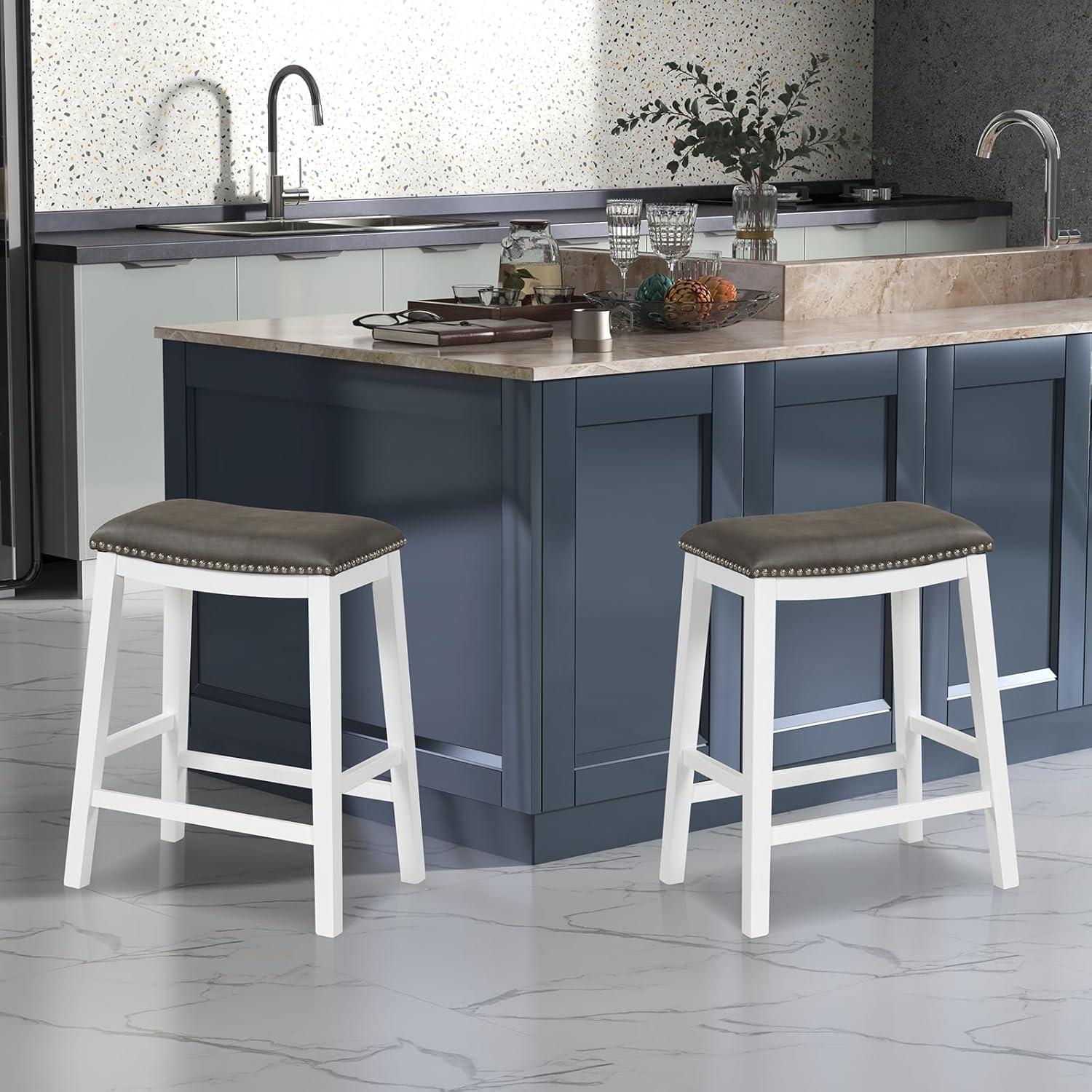 Costway 26-Inch Bar Stool Set of 2 Counter Height Saddle Stools with Upholstered Seat Gray