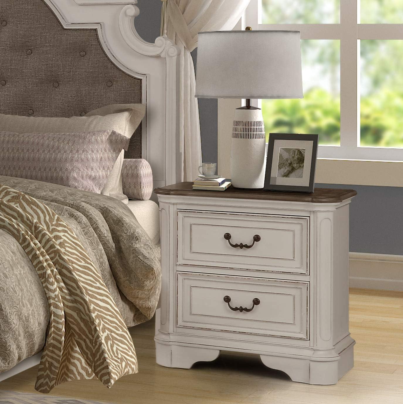 Laval Wood 2-Drawer Nightstand, Antique White and Oak