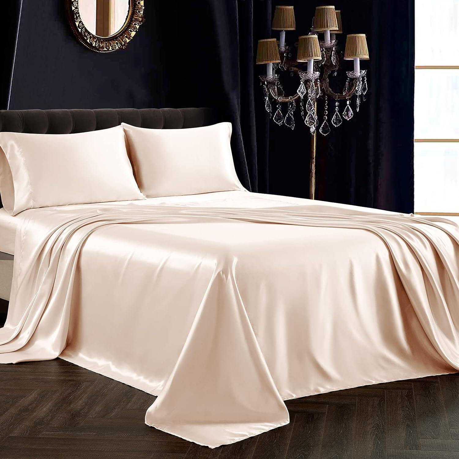 Blush Pink Satin King Sheet Set with Deep Pockets