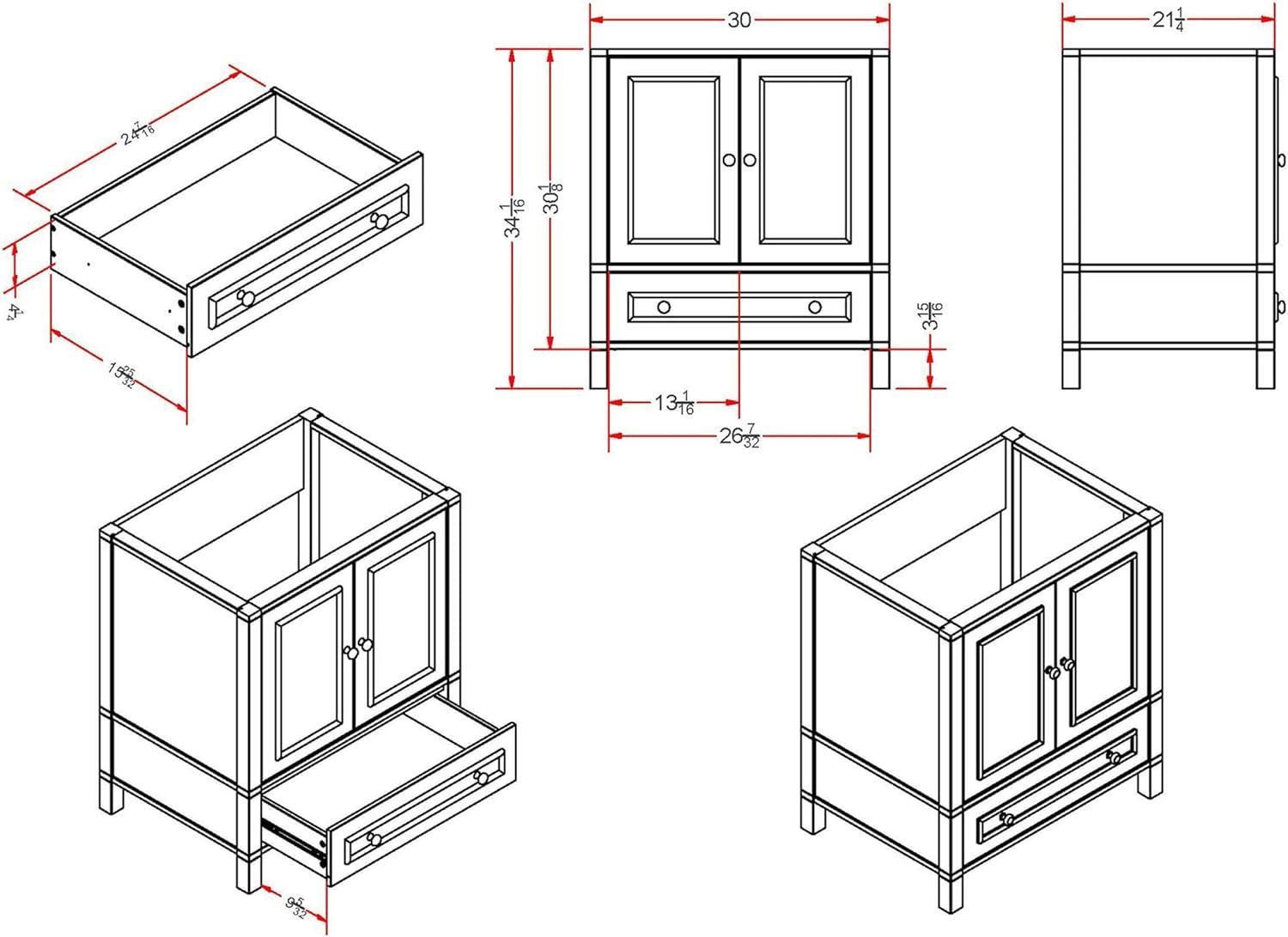 Williamsburg 30"W Transitional Style Vanity Cabinet With Soft Close Doors And Drawers